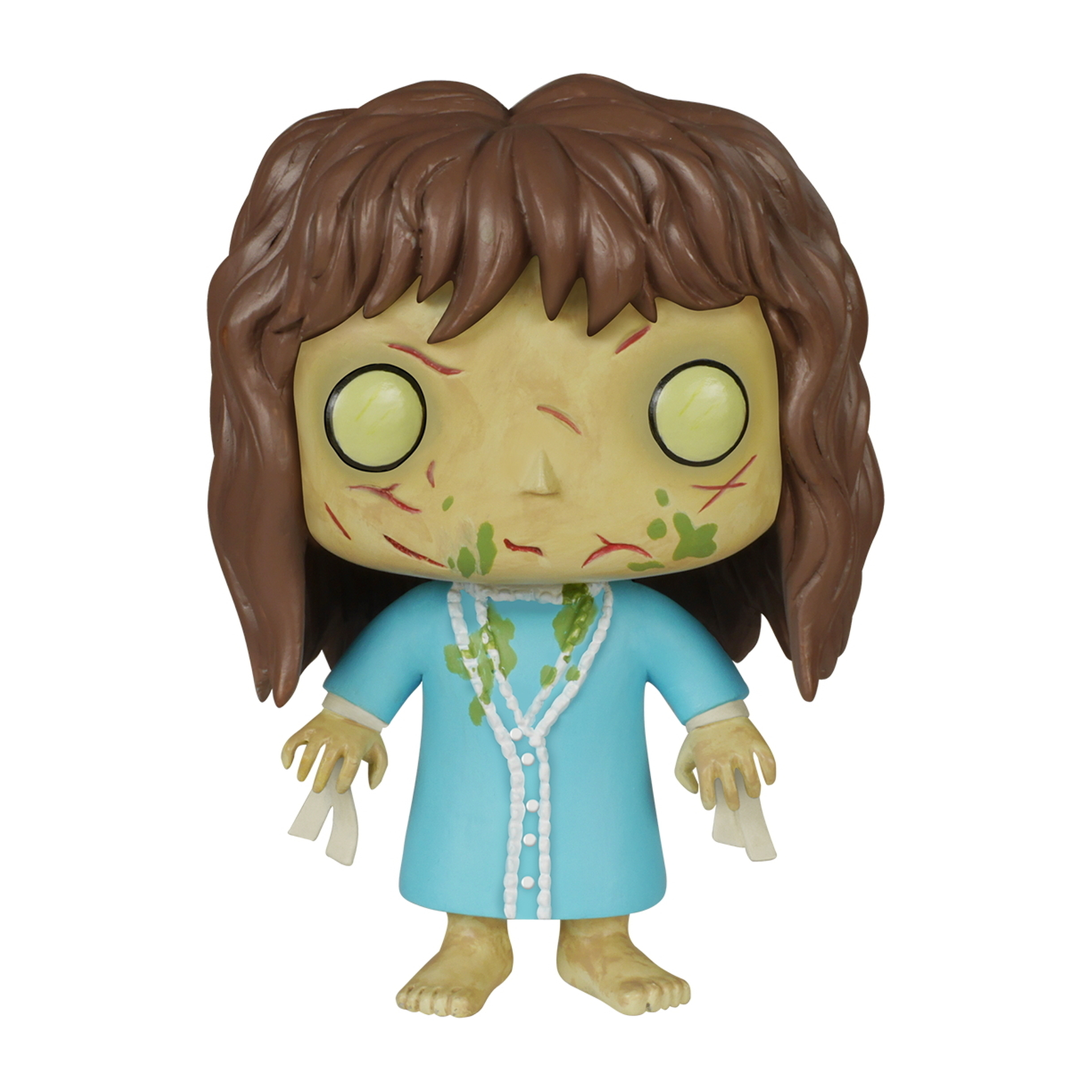 Figurka Egzorcysty Regan Funko Pop. Jest w niebieskiej sukni z zmartwioną twarzą i zielonymi wymiocinami.