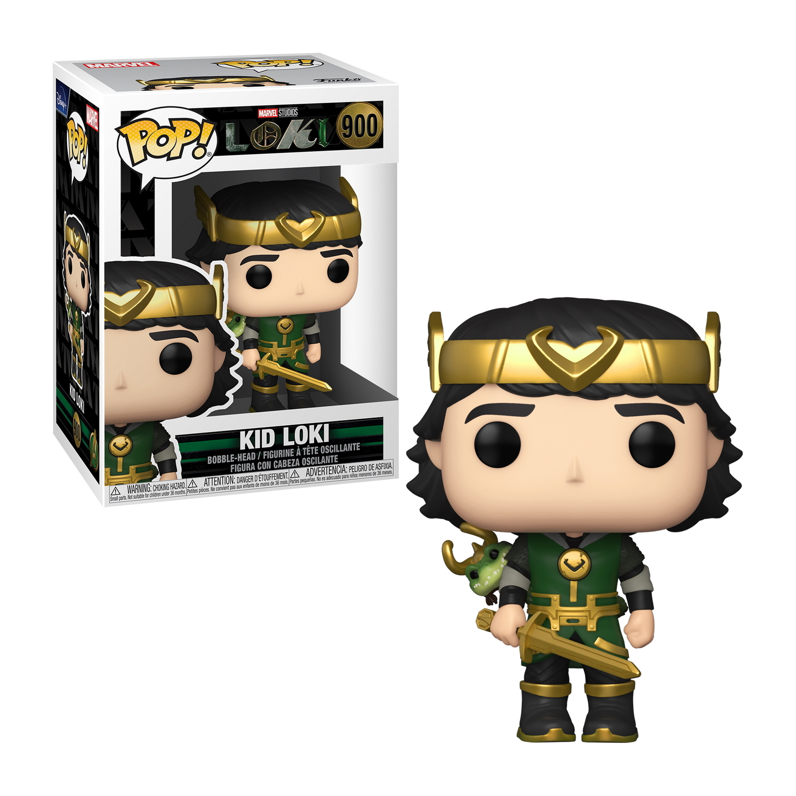 Kid Loki Funko Pop figuur in en uit de doos. Groen en goud kostuum.