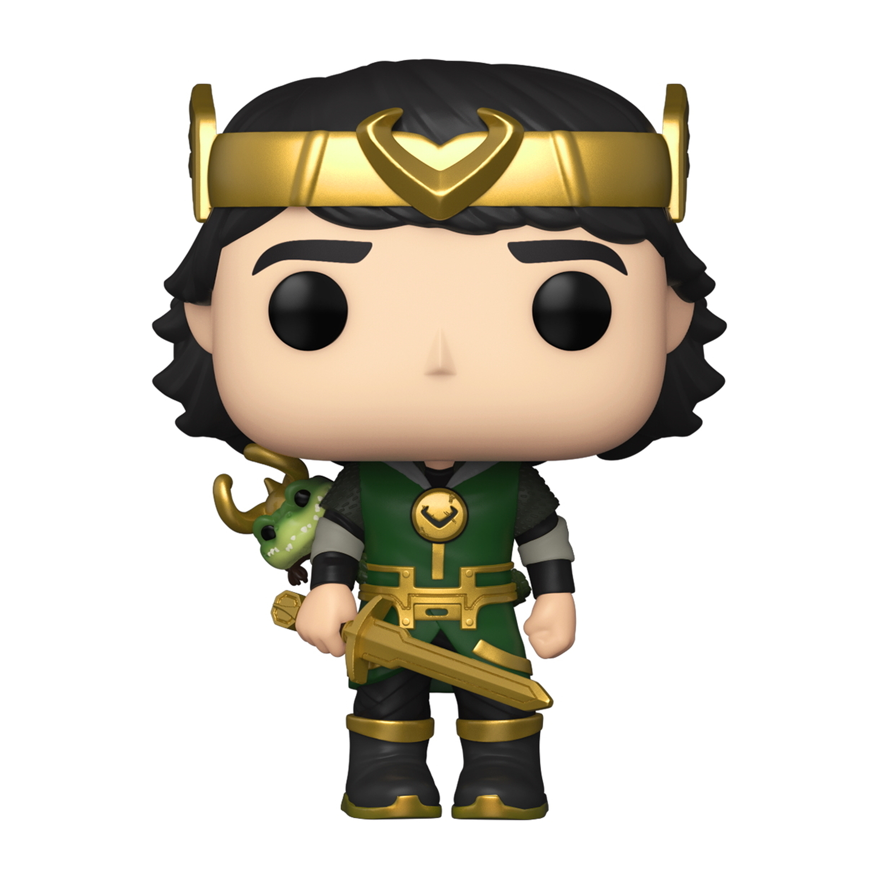 Funko Pop figuur van Loki, met een groene cape, die een gouden zwaard vasthoudt.