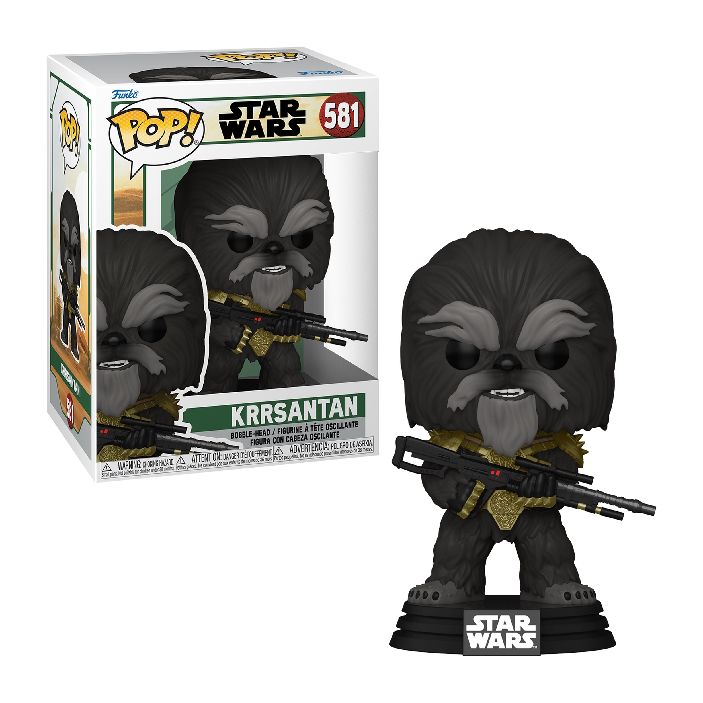Krrrsantan Funko Pop figuur in een doos met een Star Wars figuur.