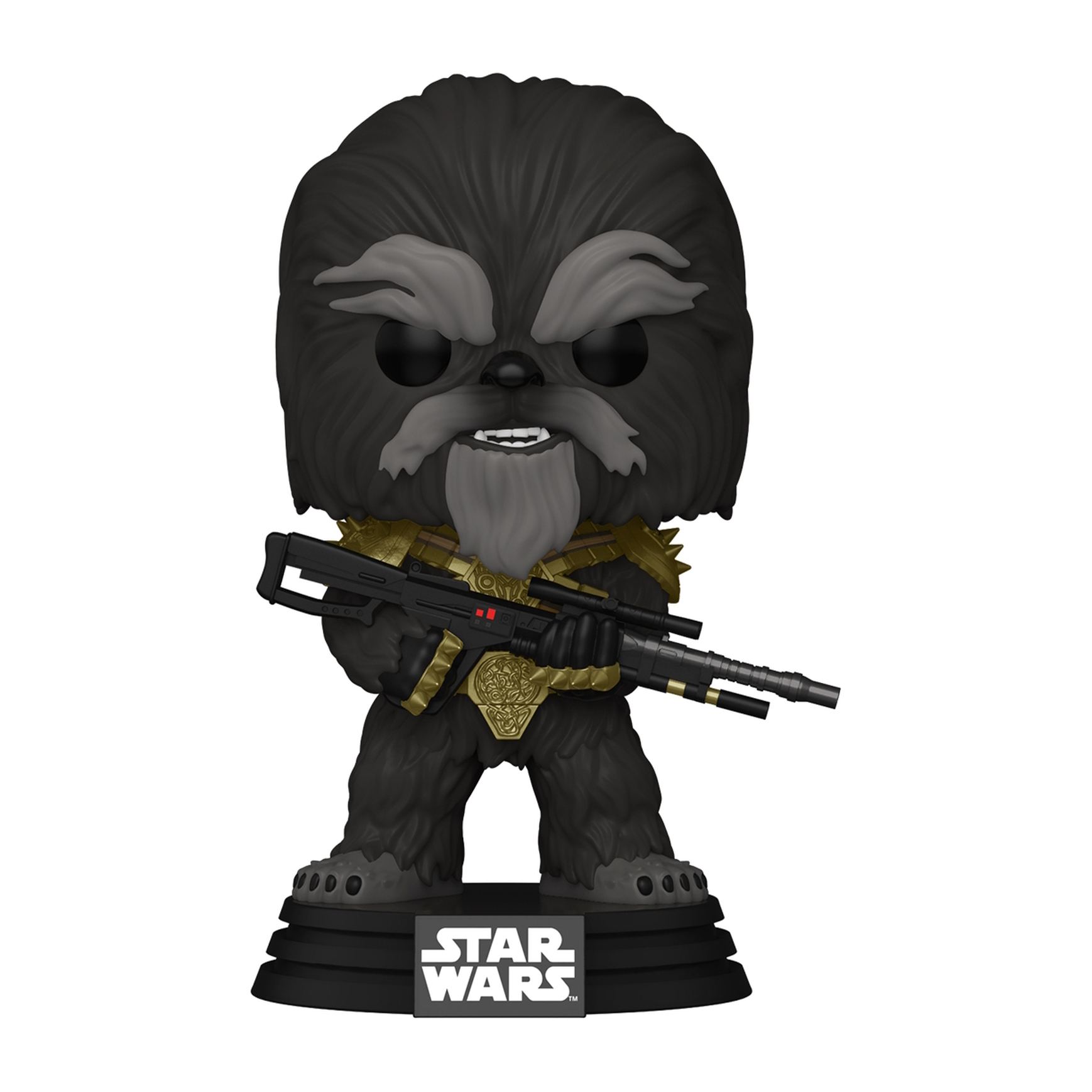Een Chewbacca Funko Pop-figuur met een geweer, op een zwarte basis met een Star Wars-logo.