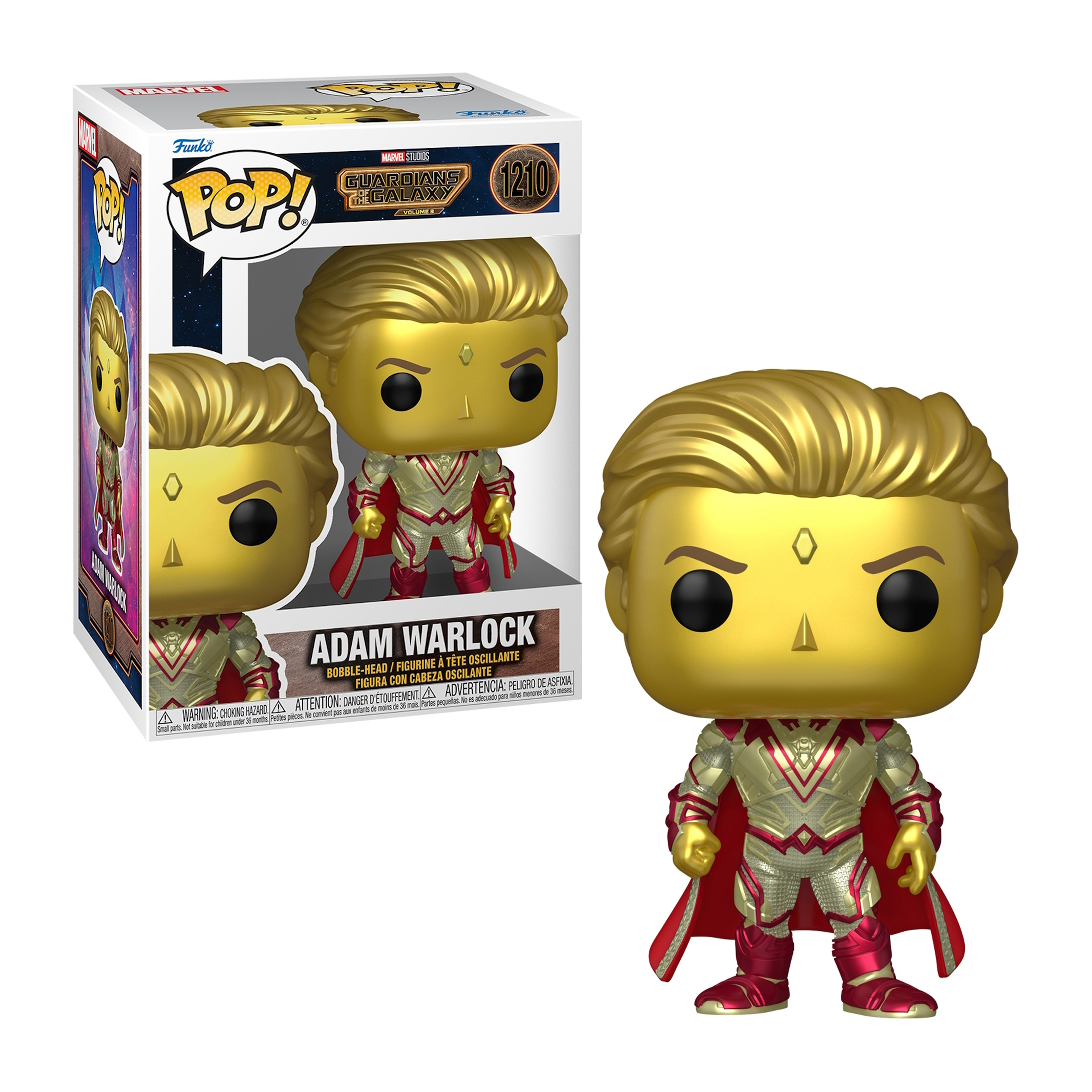 Figura Funko Pop de Adam Warlock en caja. Figura dorada con detalles rojos, pose de héroe.