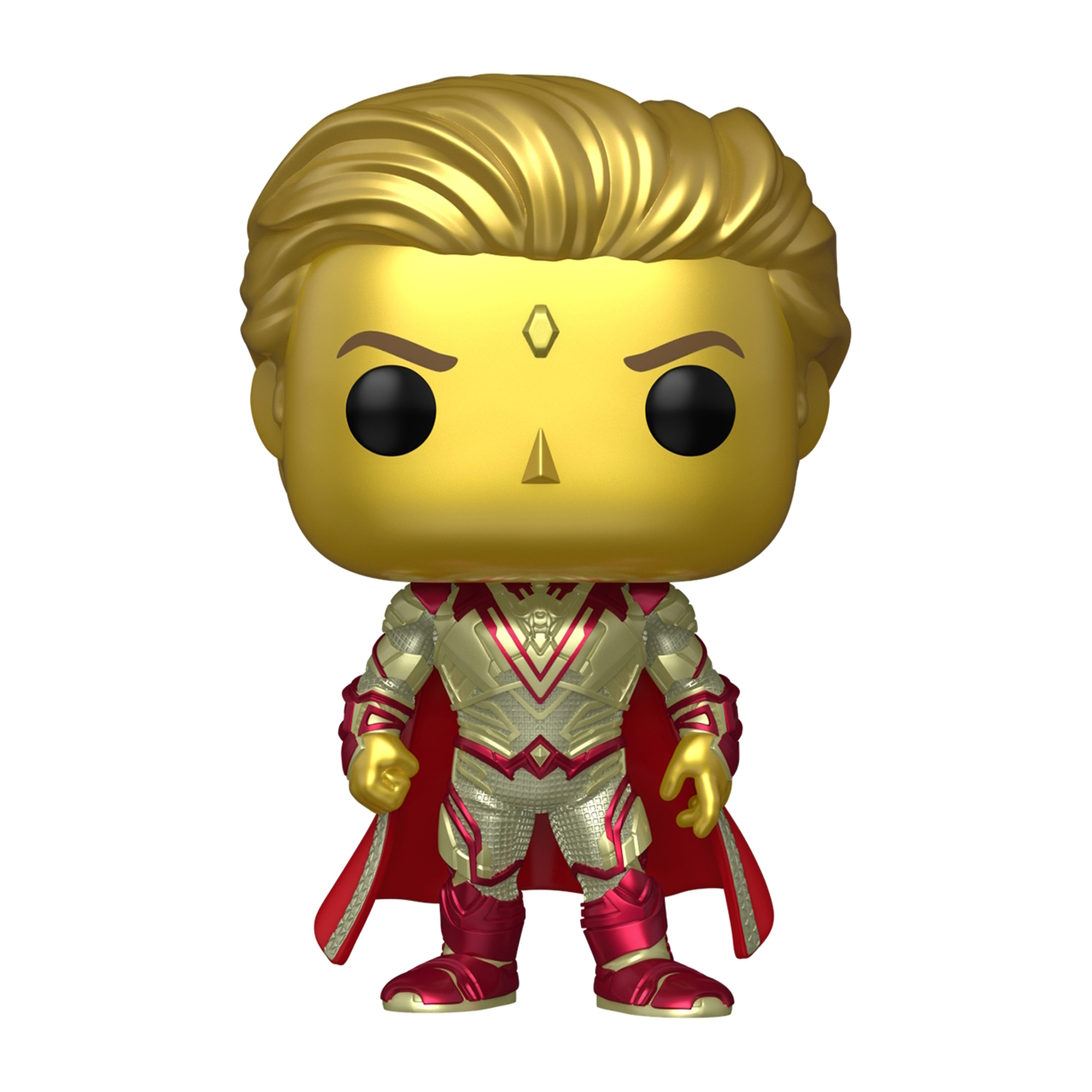 Figura Funko Pop de Visión dorada con capa y traje rojos, pose de pie, fondo blanco.
