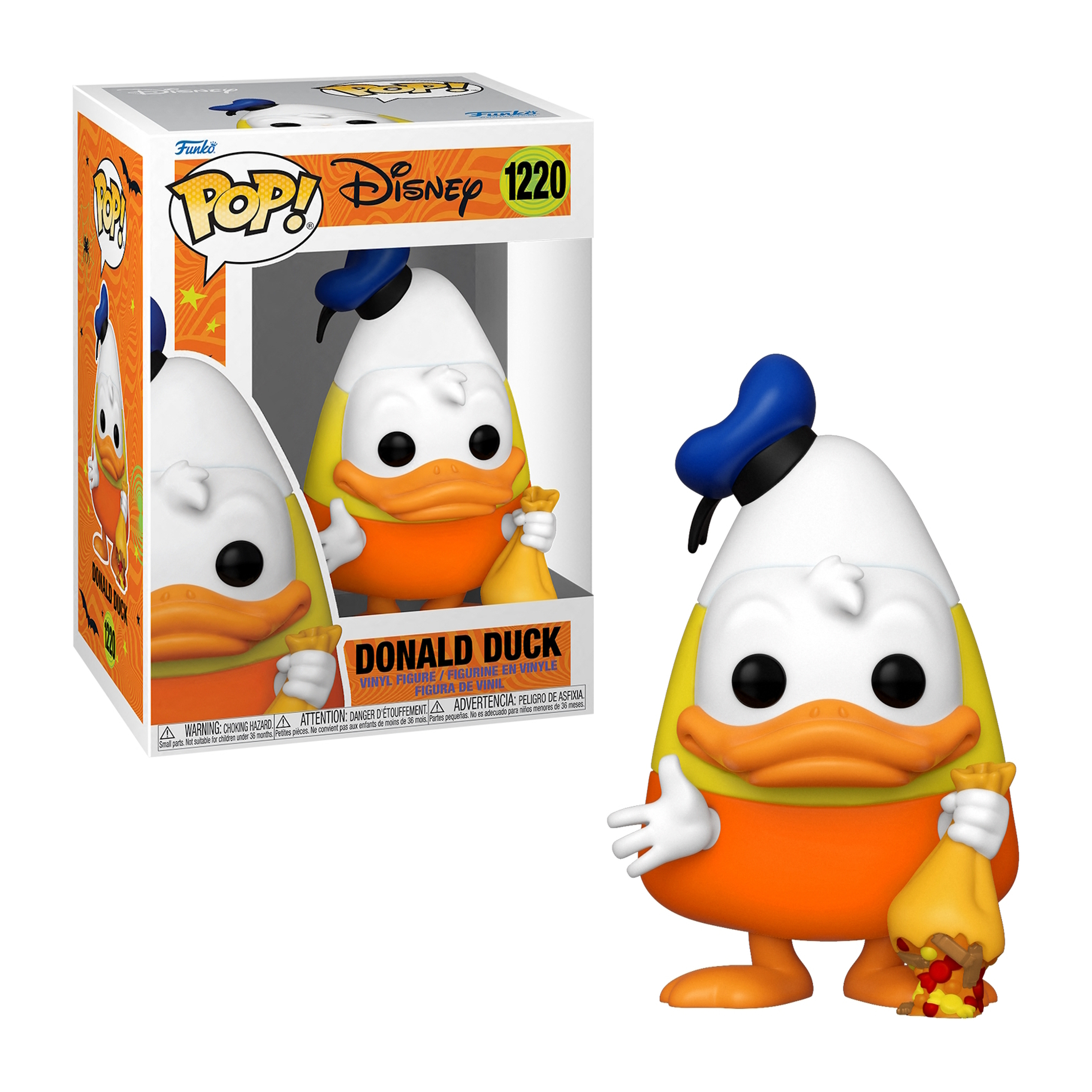 Una figura di Paperino in una scatola Funko Pop con un sacchetto di caramelle.