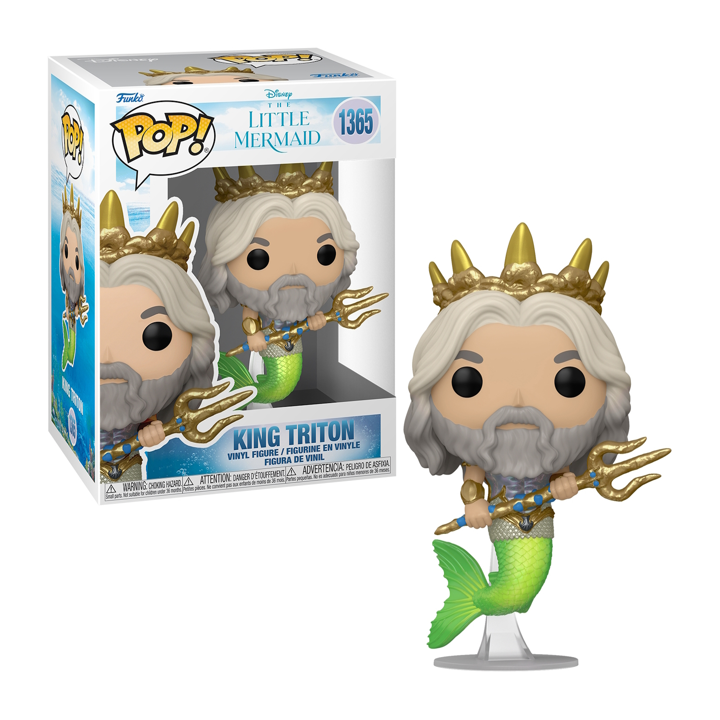 King Triton Funko Pop Figur mit Box. Er hat eine goldene Krone und einen Dreizack, einen grünen Schwanz und einen Bart.