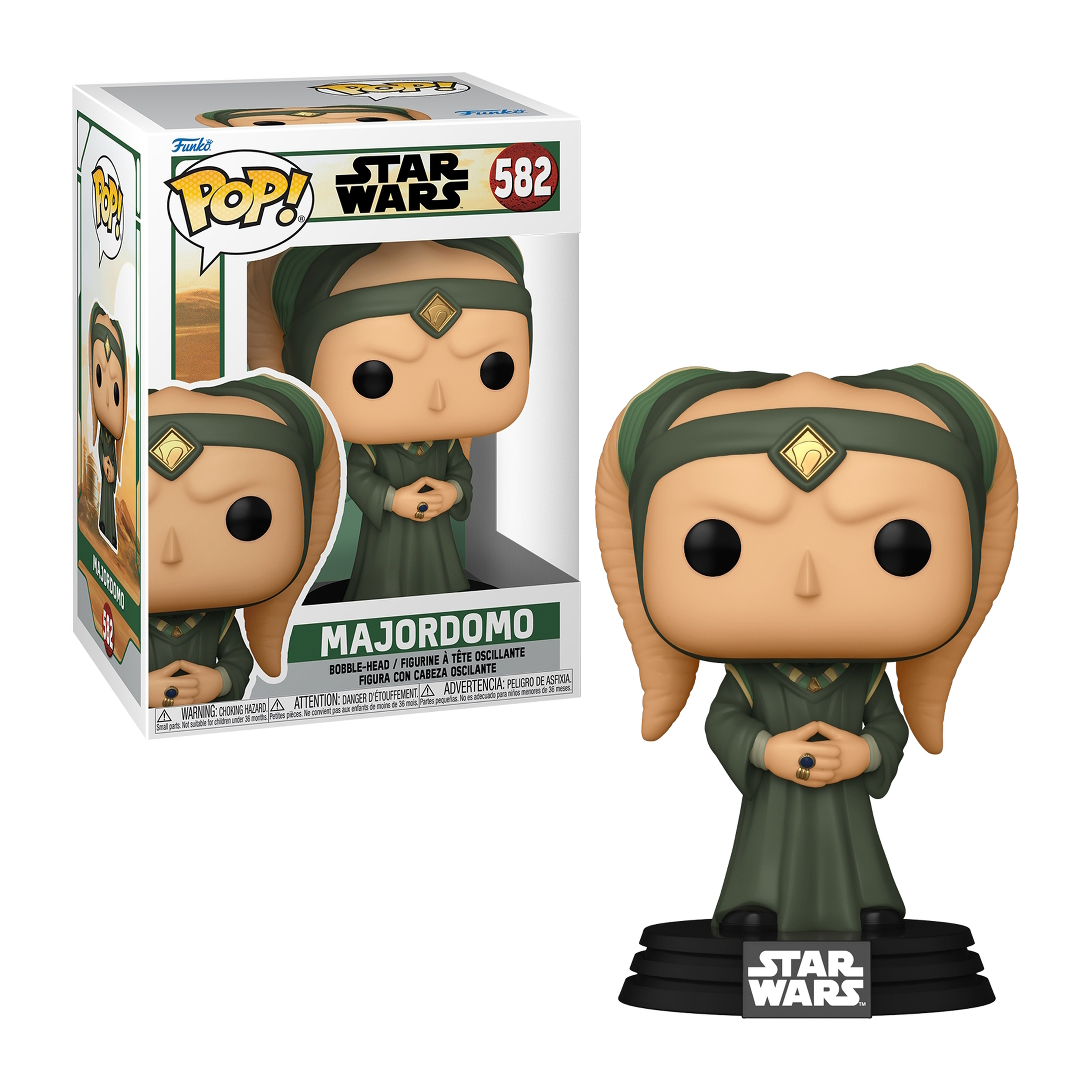 Figura Funko Pop de Majordomo de Star Wars. Túnica verde, figura en un soporte, caja en el fondo.
