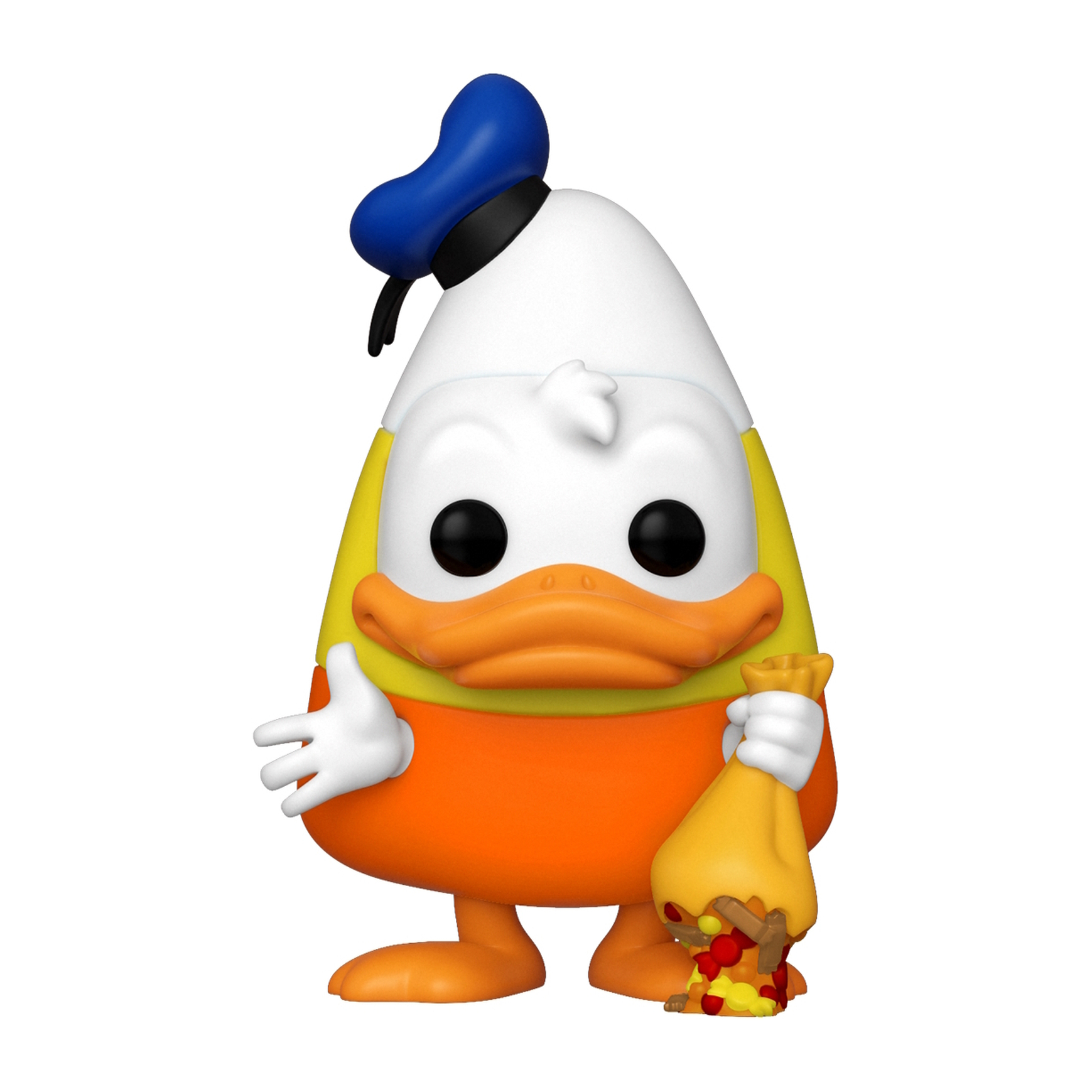 Figura Funko Pop di Paperino, design candy corn, con un sacchetto di caramelle. Sfondo bianco.