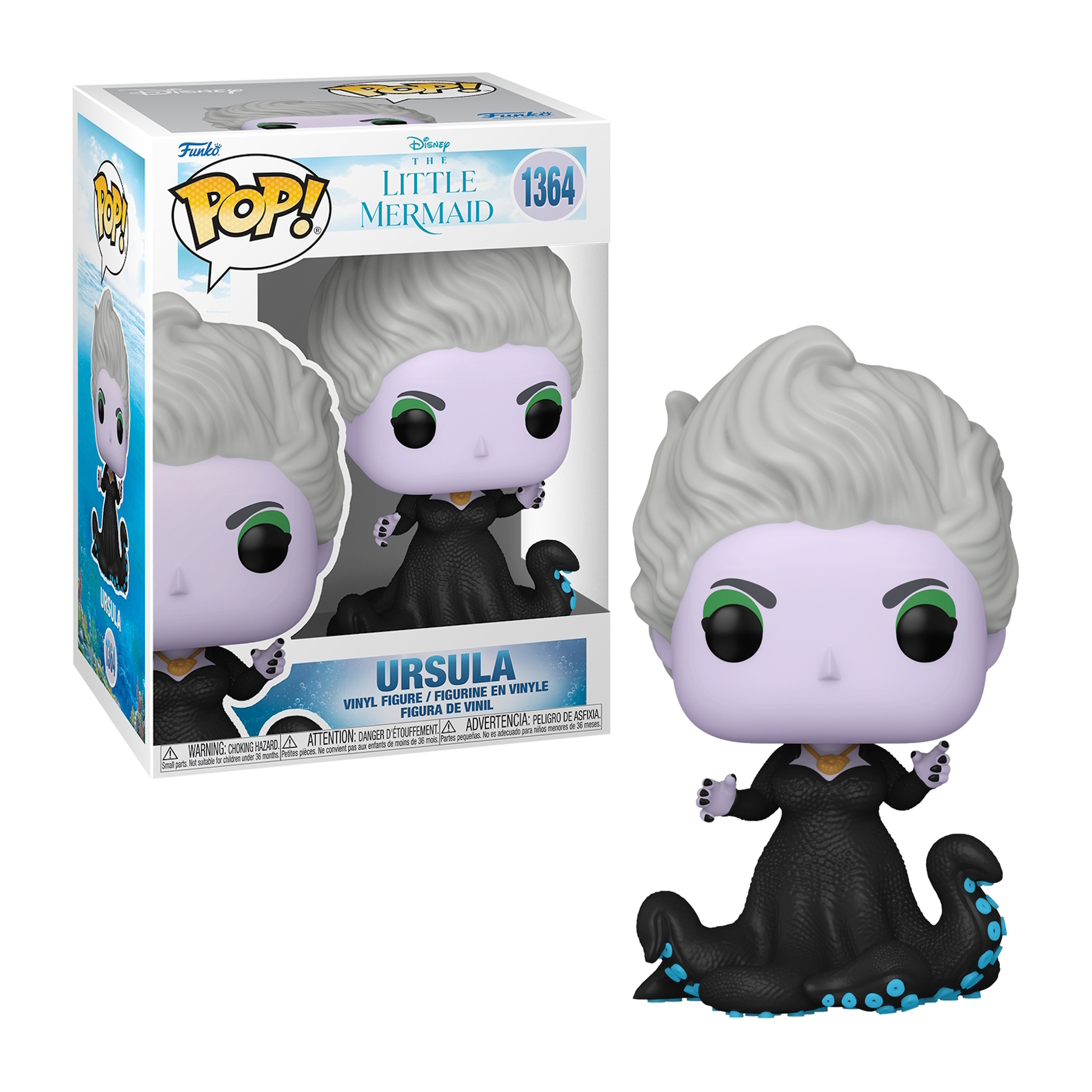 Una figura Funko Pop di Ursula de La Sirenetta. È viola con capelli bianchi e un vestito nero.
