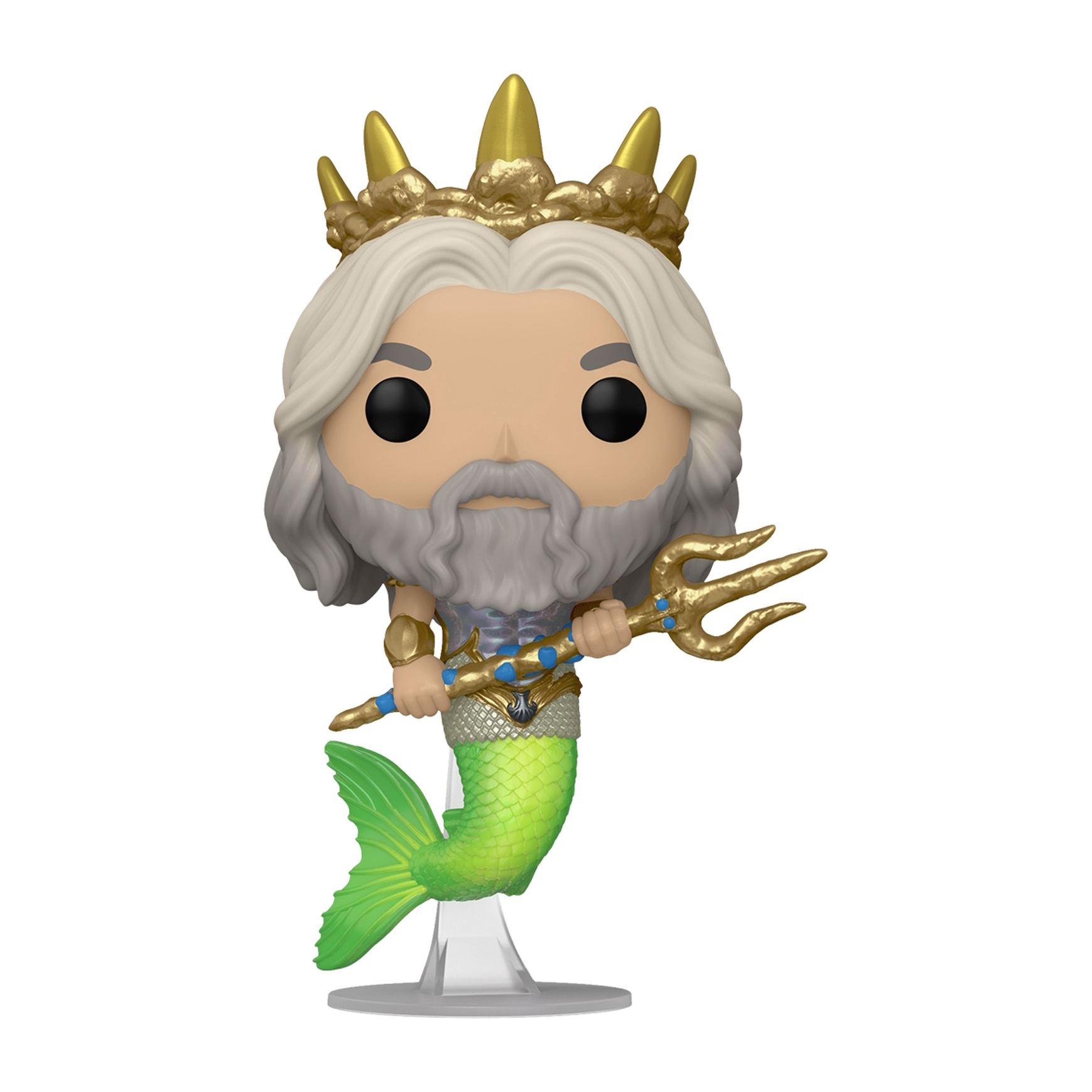 Funko Pop Figur von König Triton. Goldene Krone und Dreizack. Grüne Meerjungfrauenschwanz.