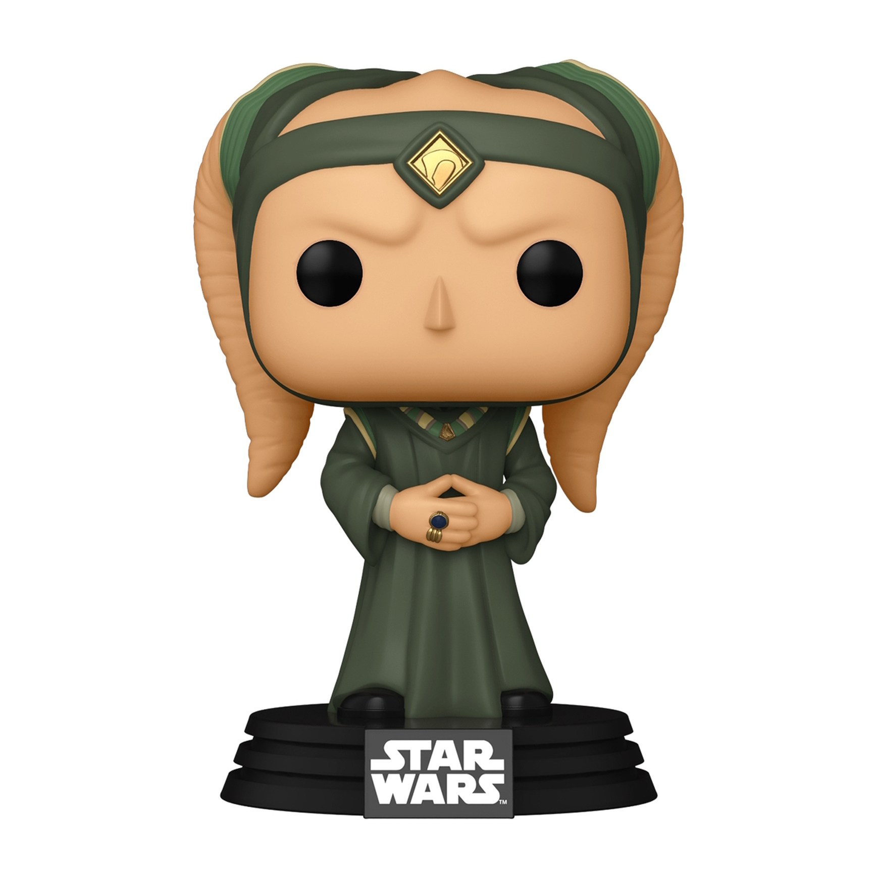 Una figura de Funko Pop de un personaje de Star Wars con un vestido verde y un tocado.