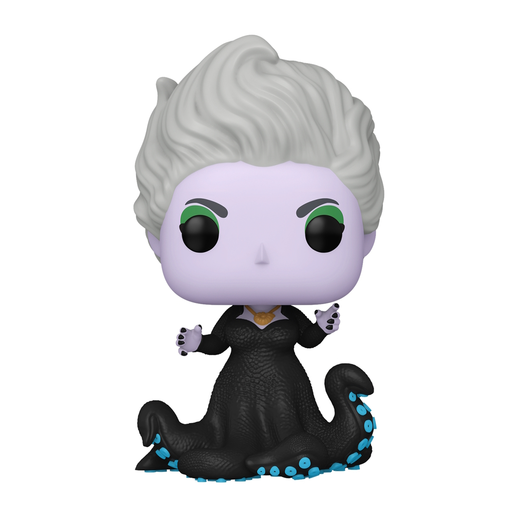 Figura Funko Pop di Ursula, abito nero, capelli bianchi, pelle viola, con occhi verdi.