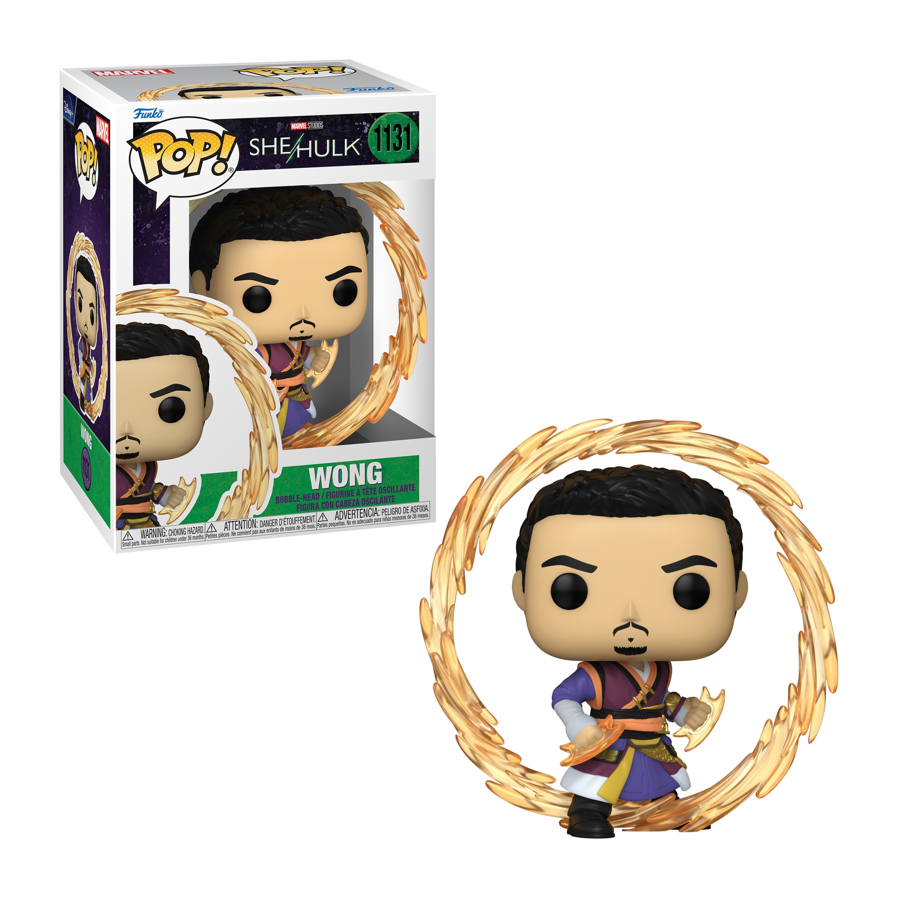 Figura Funko Pop Wong. Una statuina di un uomo in costume. Sfondo bianco.