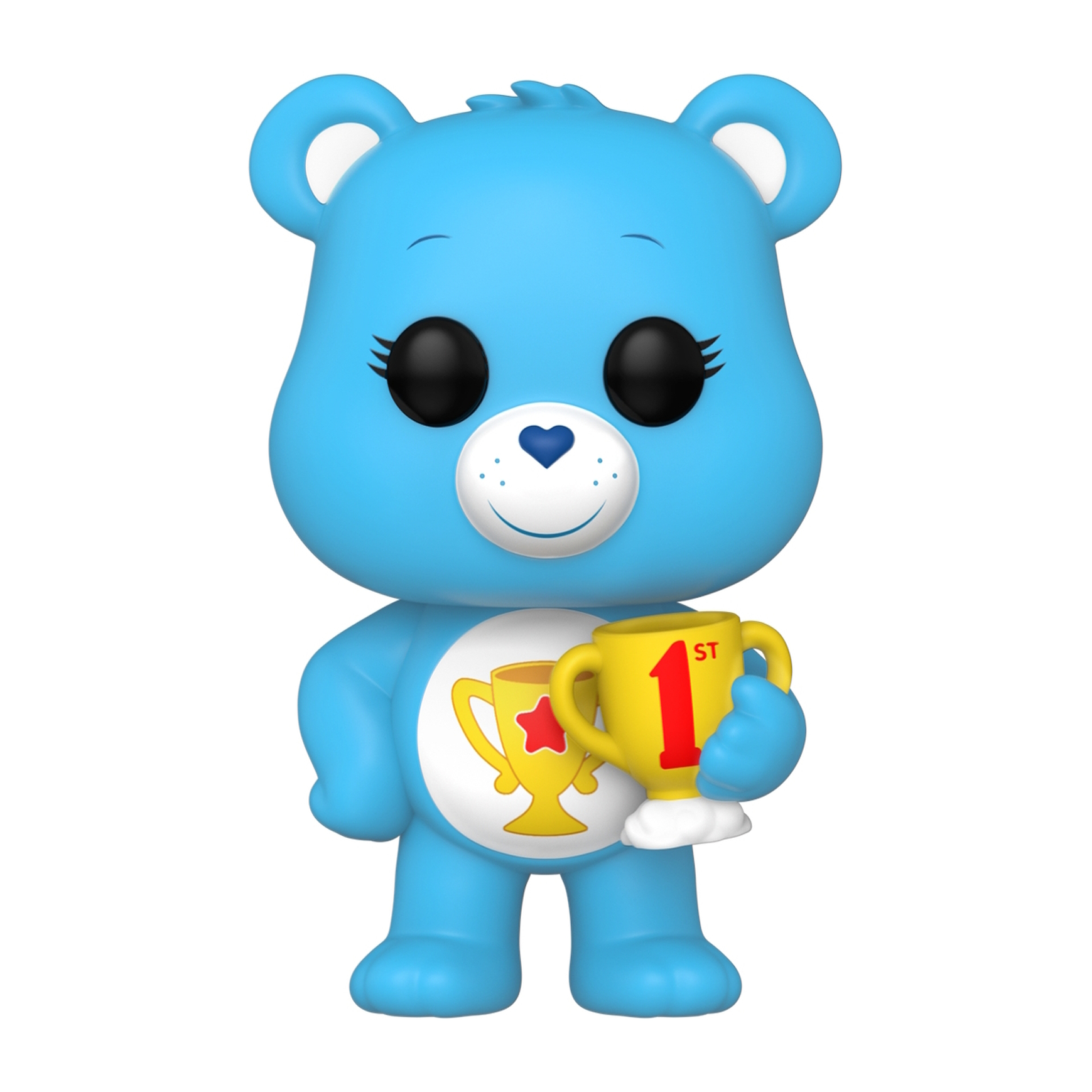 Eine blaue Care Bear Funko Pop Figur, die eine gelbe Trophäe hält, weißer Hintergrund.
