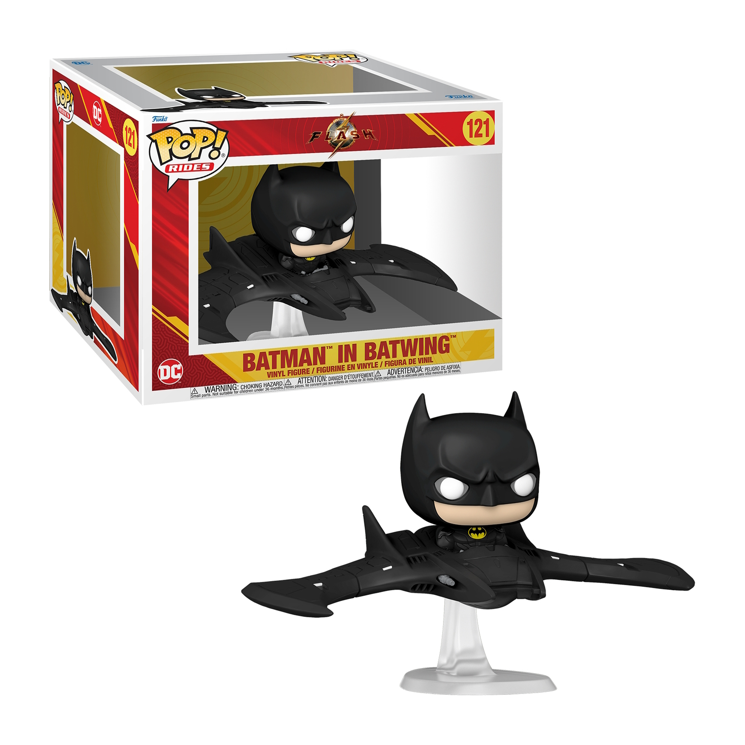 Figura Funko Pop de Batman en Batwing. La figura es negra, en un Batwing y en una caja.