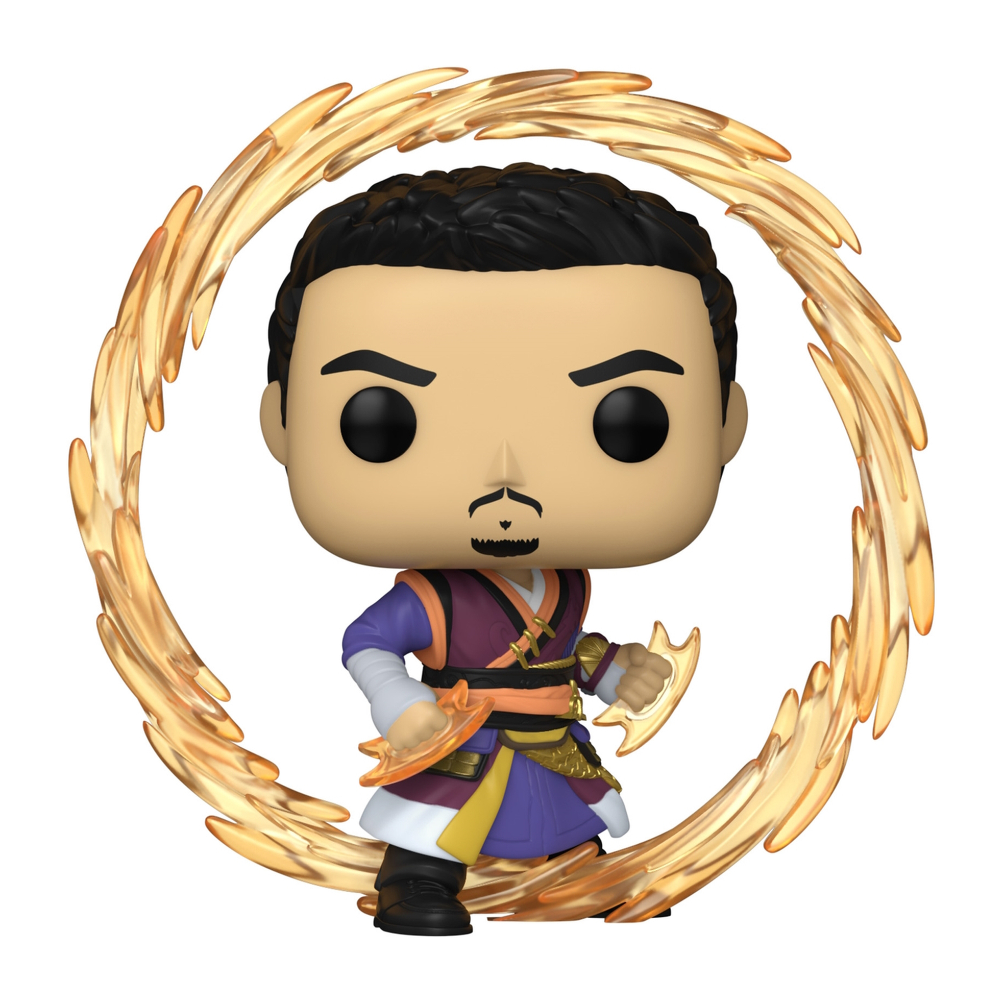 Figura Funko Pop di Doctor Strange circondata da un cerchio di energia dorata. Sfondo bianco.