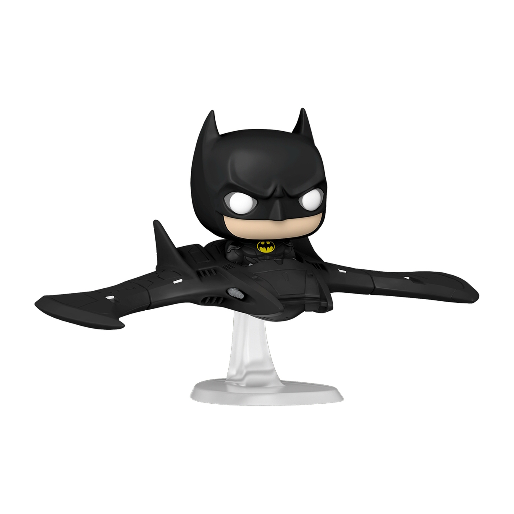 Figura Funko Pop de Batman sobre un soporte. Batman en negro con alas, posando en un soporte.