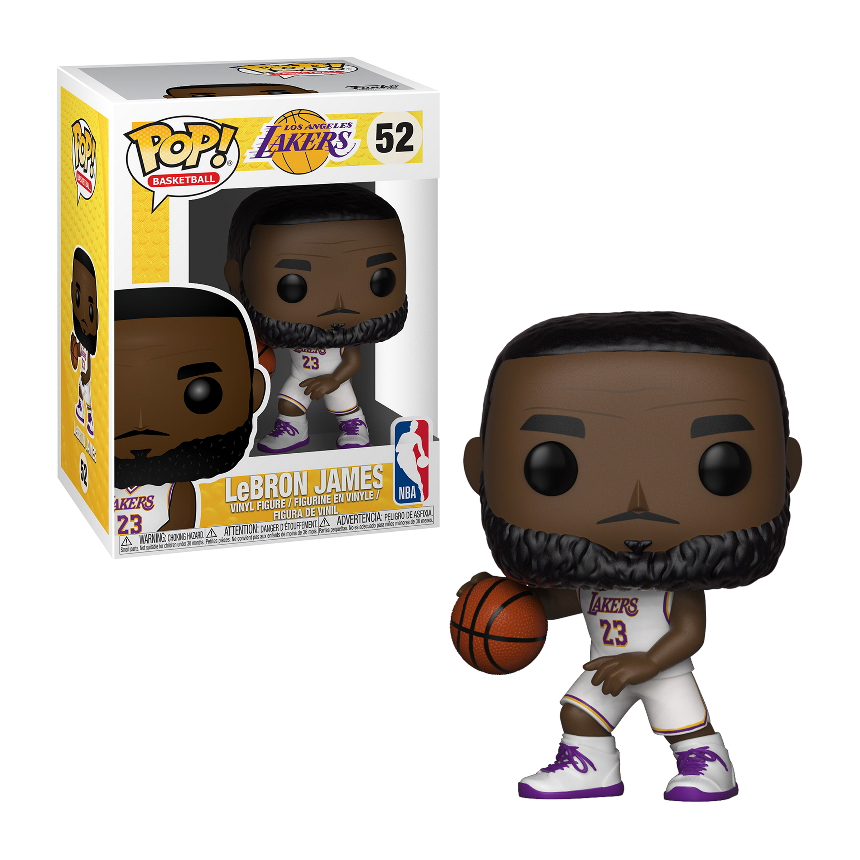 LeBron James Funko Pop-Figur. Er trägt ein Lakers-Trikot, hält einen Basketball und hat einen Bart.