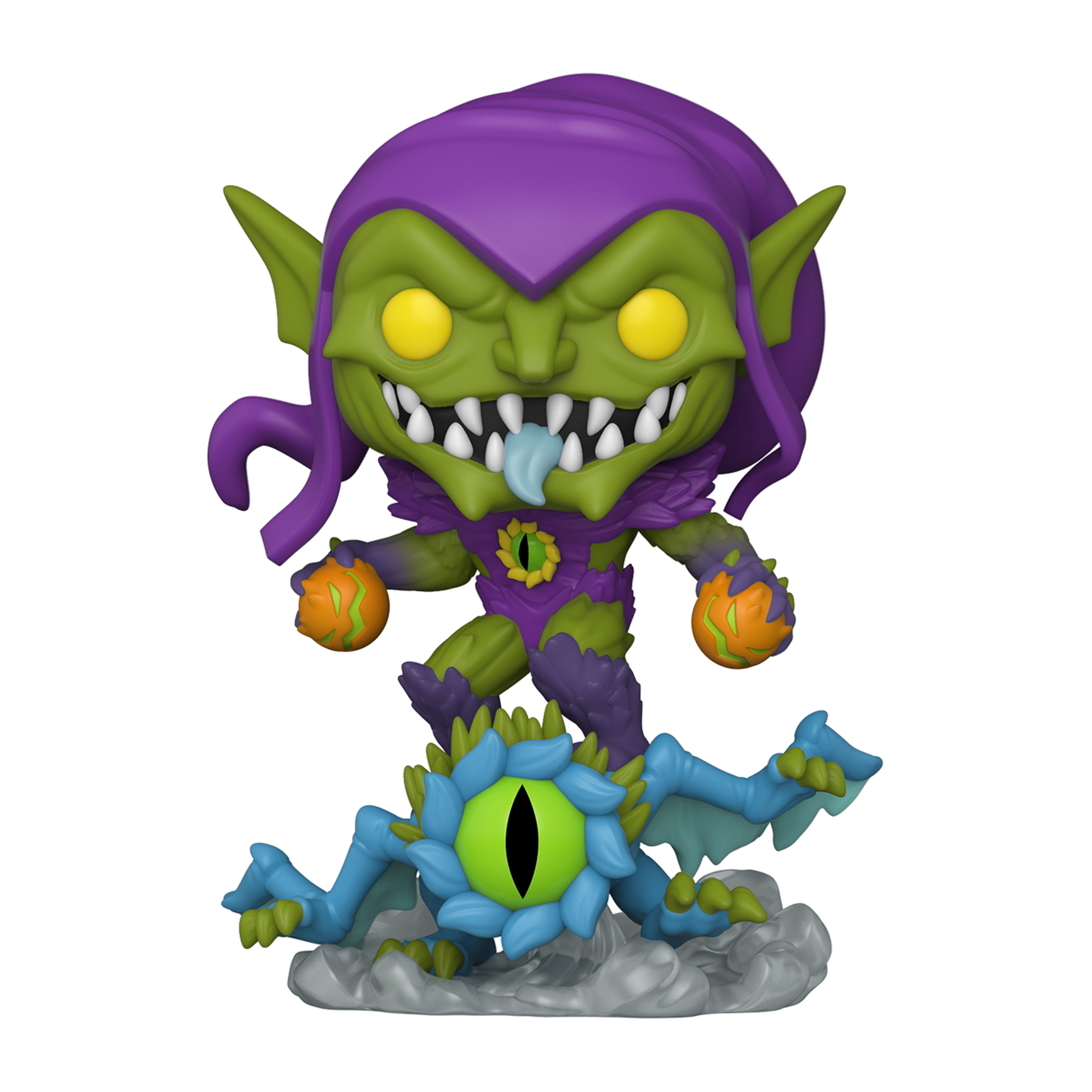 Figura Funko Pop di Goblin Verde con cappello viola e pelle verde. La figura è su un supporto con un occhio blu.