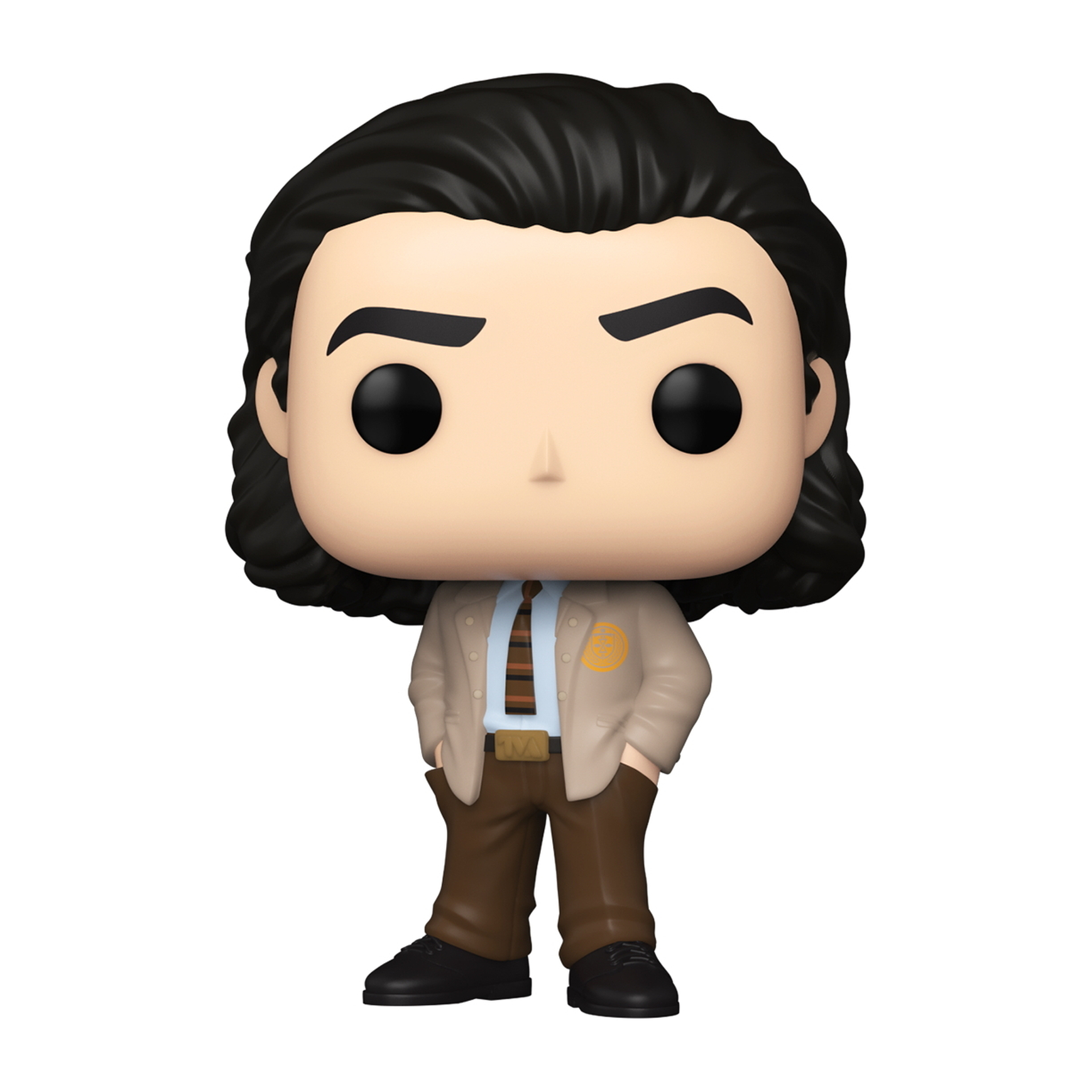 Figurka Funko Pop Lokiego. Nosi beżowy garnitur z krawatem, ma czarne włosy i oczy.