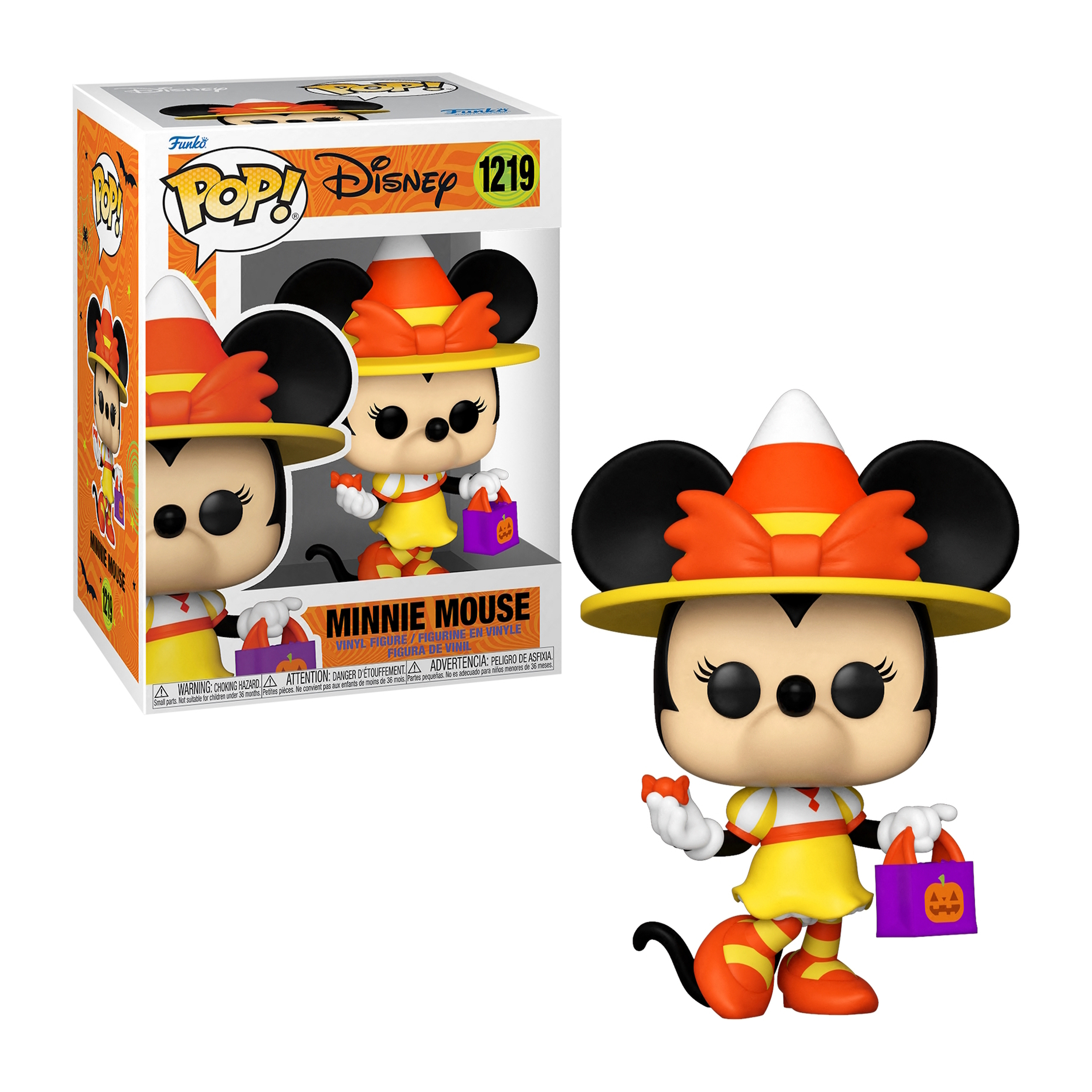Figura Funko Pop di Minnie Mouse in costume di Halloween, con sacchetto di caramelle, con scatola.