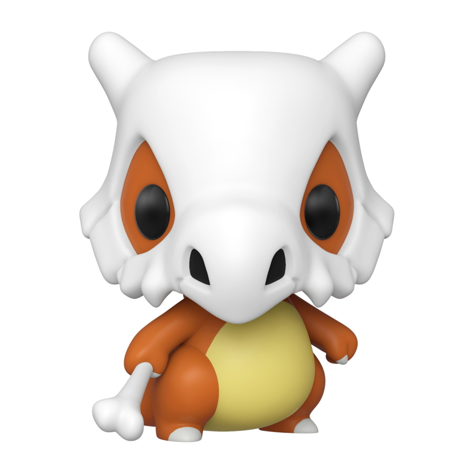 Funko Pop Figur eines Pokémon Cubone. Es hat eine weiße Totenkopfmaske und einen Knochen in der Hand, orangener Körper.