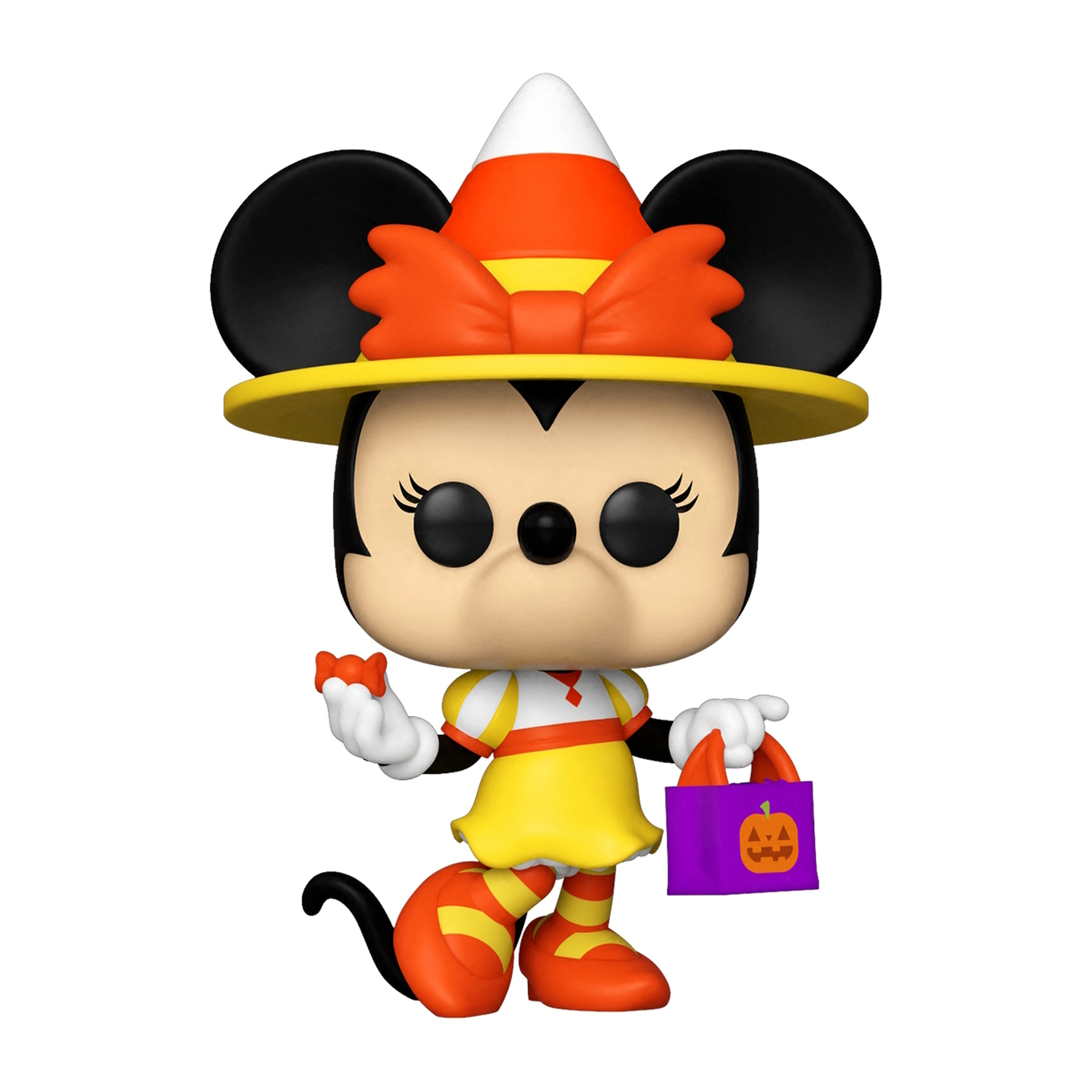 Figura Funko Pop di Halloween di Minnie Mouse, con un cappello a forma di caramella e una borsa di dolcetti.