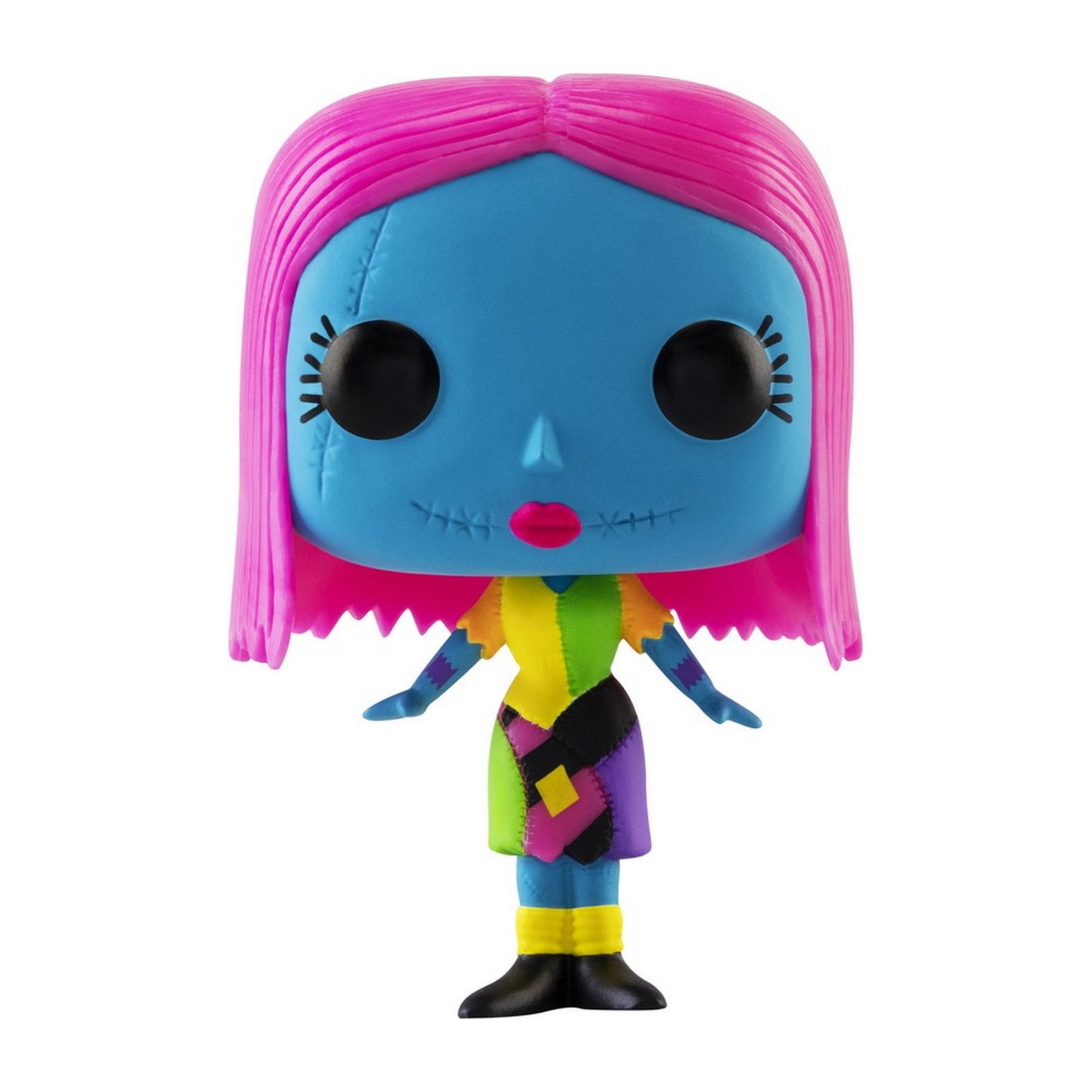 Sally da The Nightmare Before Christmas Funko Pop. Faccia blu, capelli rosa, vestito patchwork.