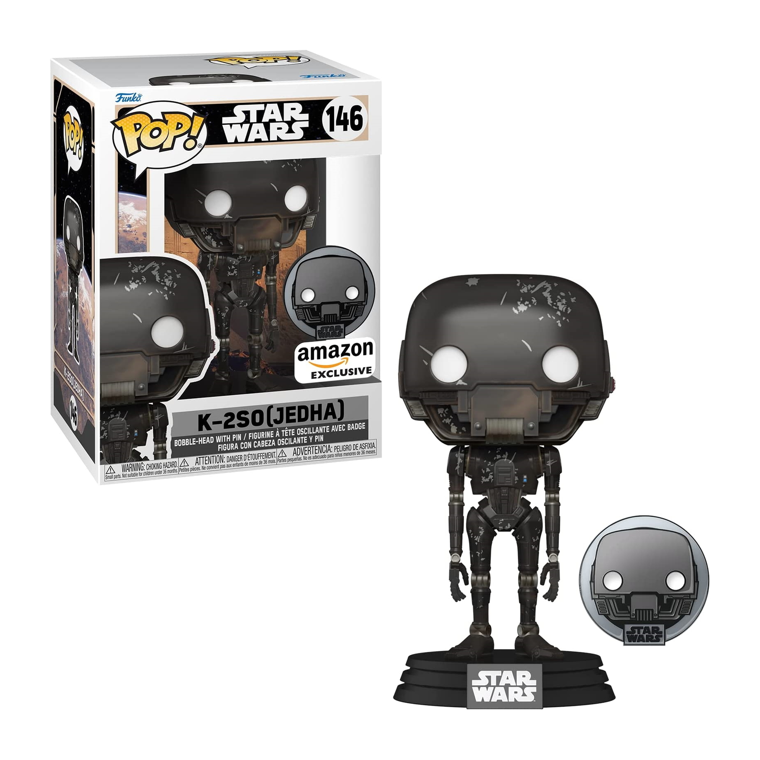 Czarna figurka K-2SO Star Wars Funko Pop! w pudełku. Figurka stoi na podstawie Star Wars.