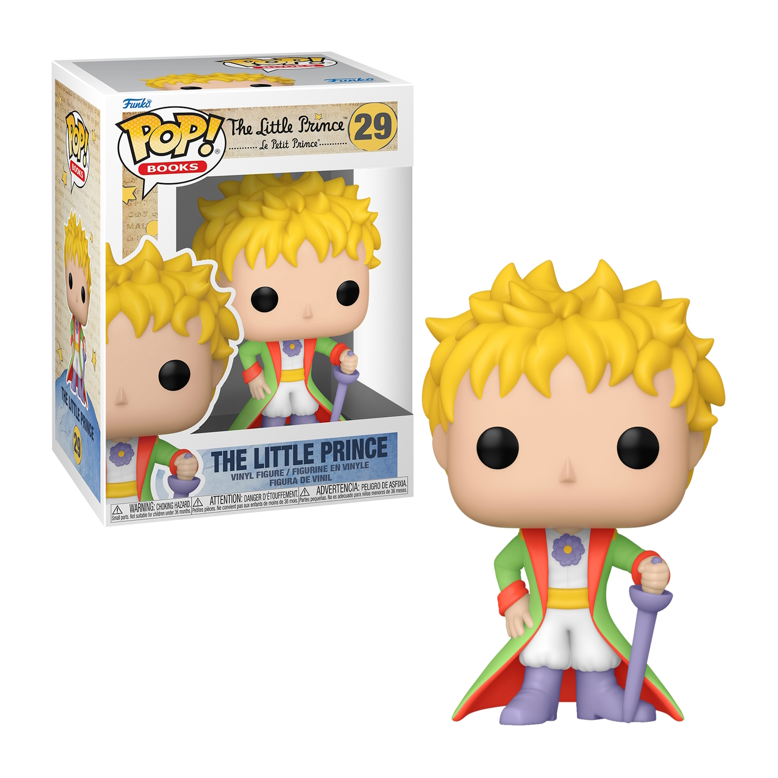 Funko Pop de El Principito. La figura viste un atuendo verde y rojo.