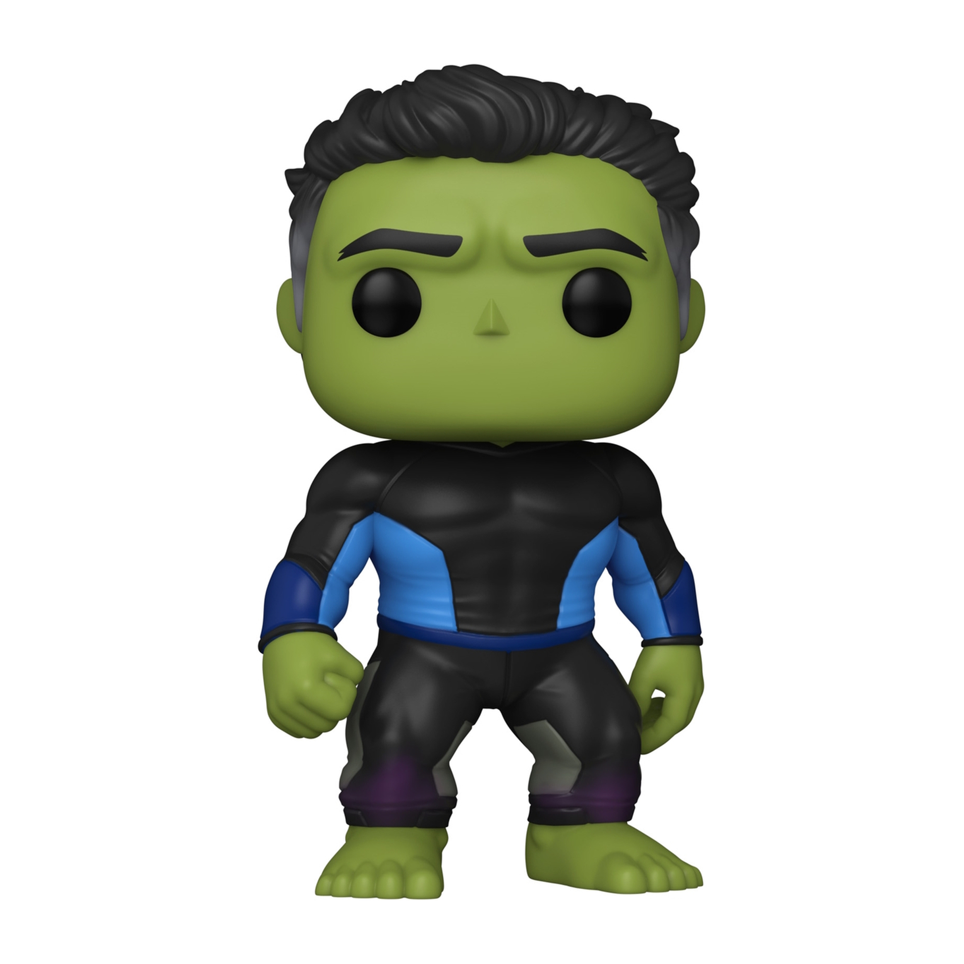Figura Funko Pop di Hulk. Pelle verde, tuta nera e blu, capelli corti neri.