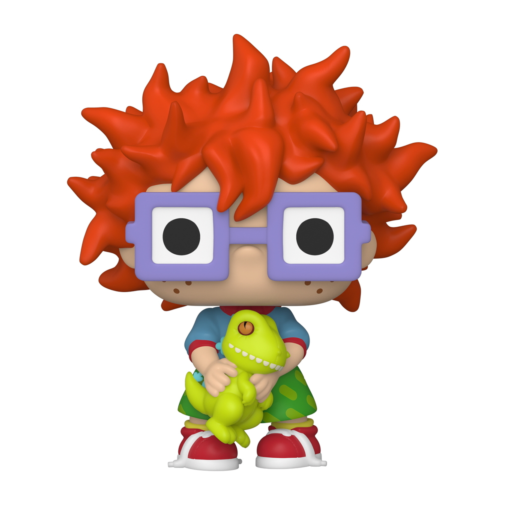 Chuckie Finster Funko Pop Figur, die ein grünes Dinosaurierspielzeug hält, Brille und rote Schuhe trägt.