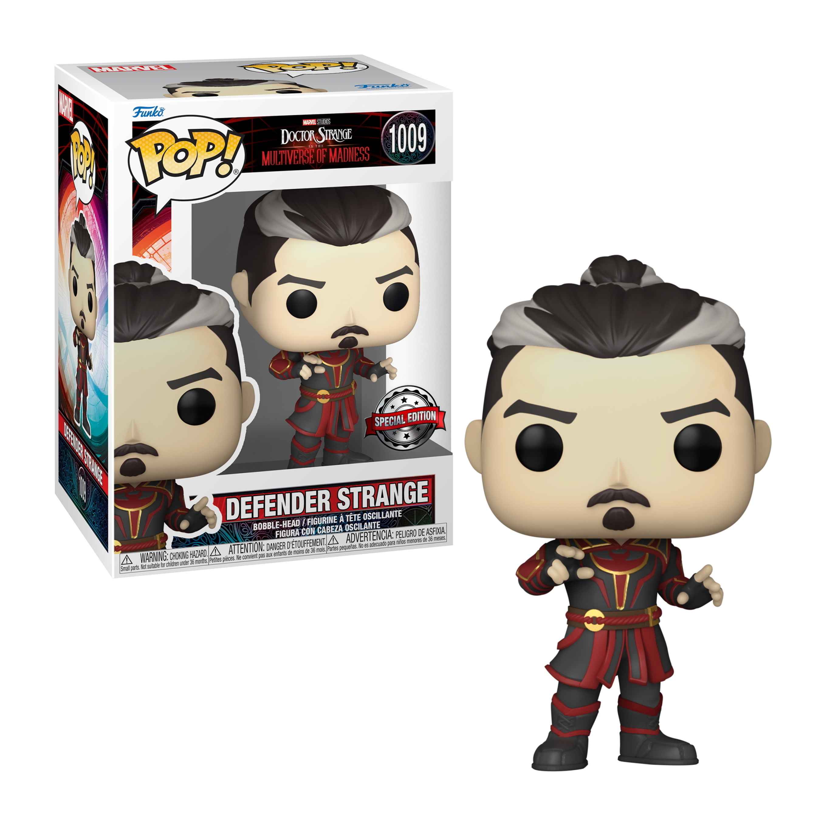 Una figura Funko Pop del Dr. Strange dentro e fuori dalla scatola.