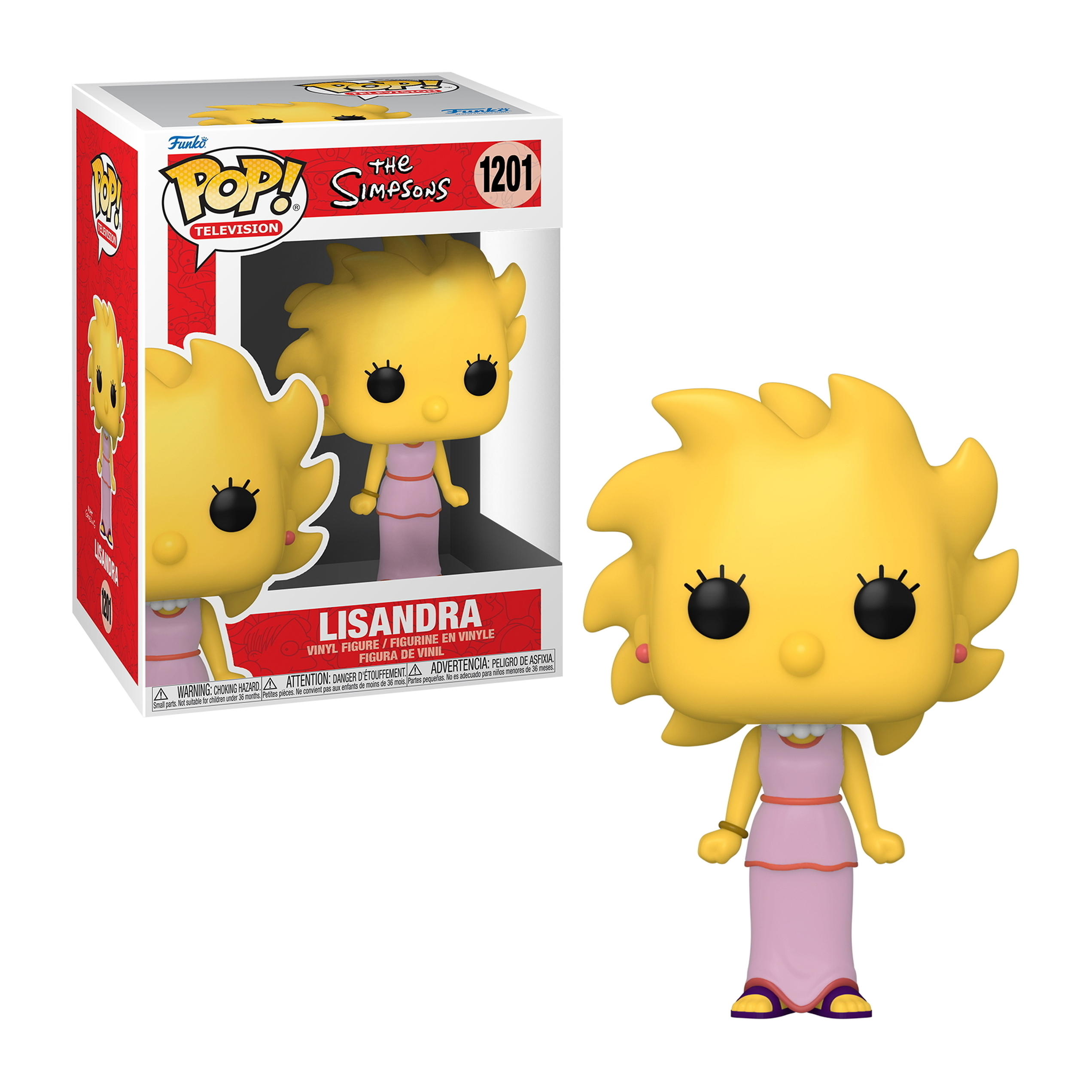 Personaggio Funko Pop di Lisa Simpson. Pelle gialla, vestito rosa e capelli a punta.