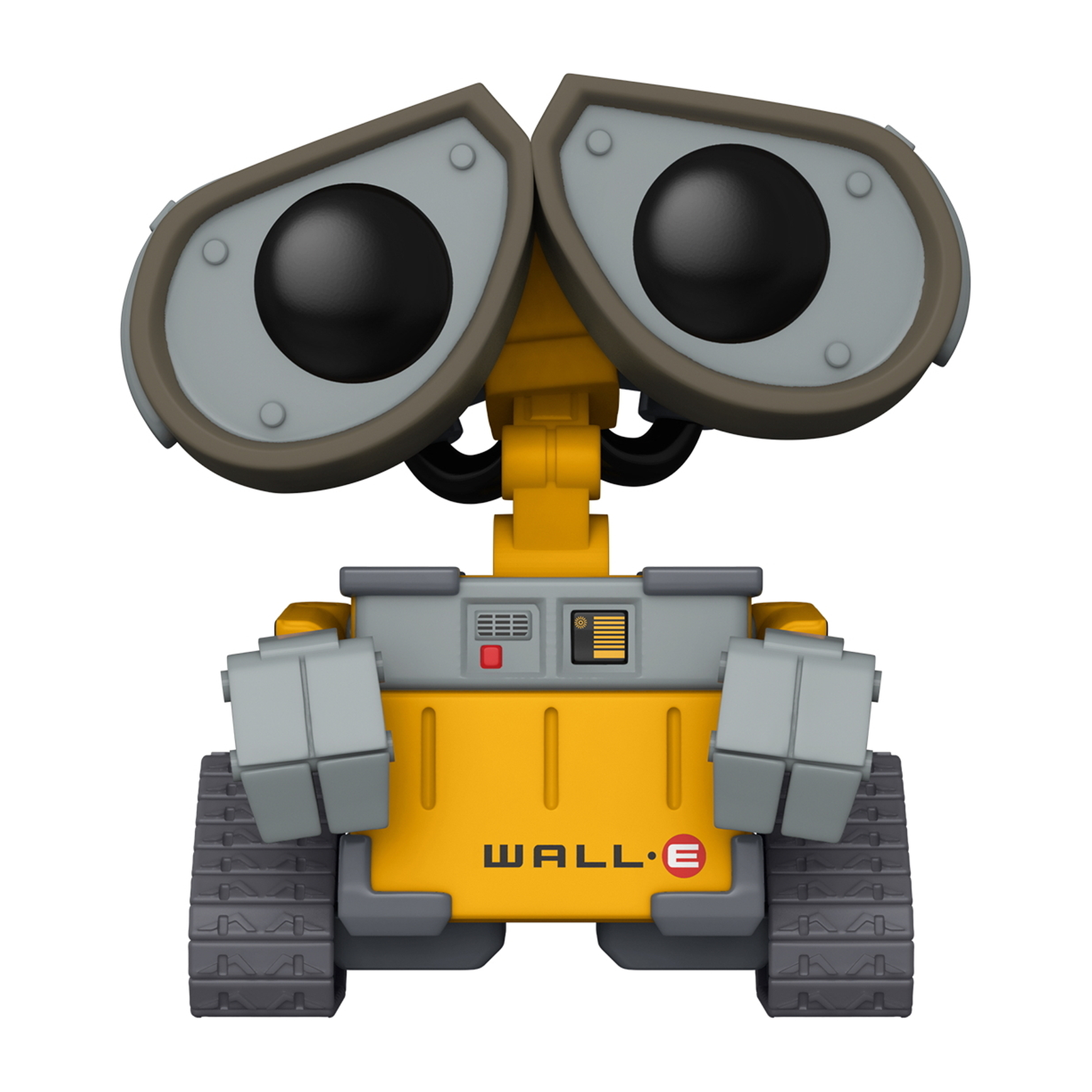 Eine Wall-E-Spielzeugfigur mit großen Augen. Es hat einen gelben Körper und einen grauen Kopf und Arme.