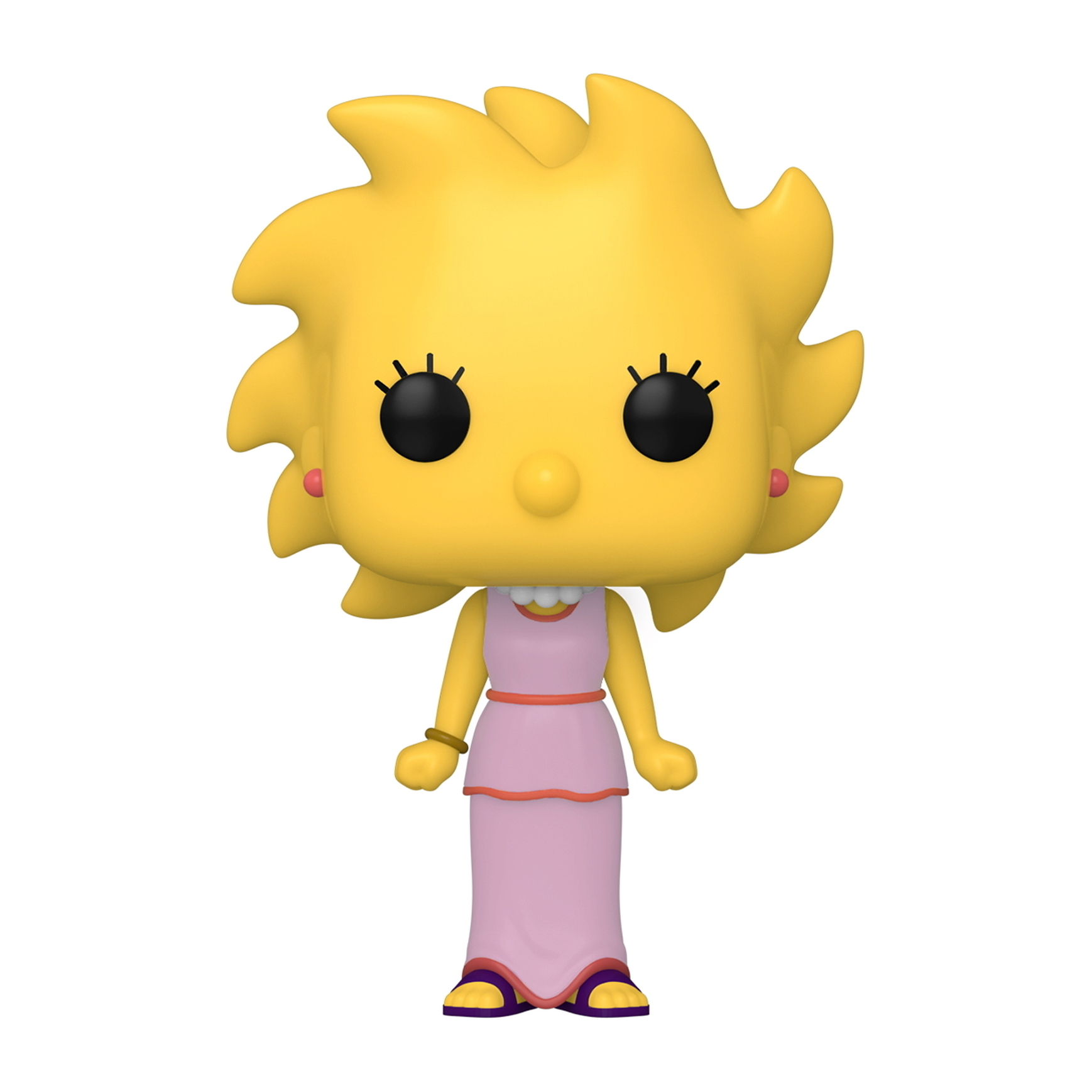 Figura Funko Pop di Lisa Simpson. Testa gialla, vestito rosa e collana. Posa sorridente.
