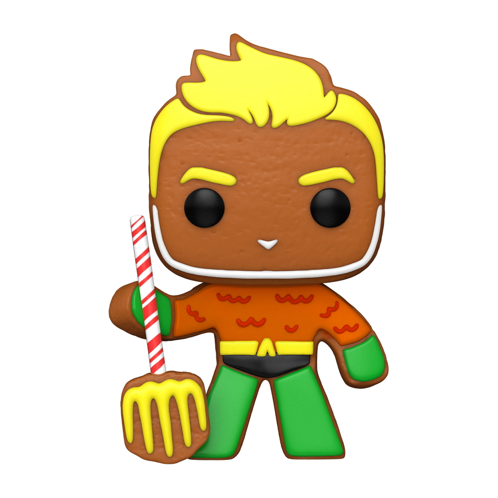 Figura di Aquaman di pan di zenzero. È marrone con capelli gialli e un costume verde e arancione. Tiene un bastoncino di zucchero.