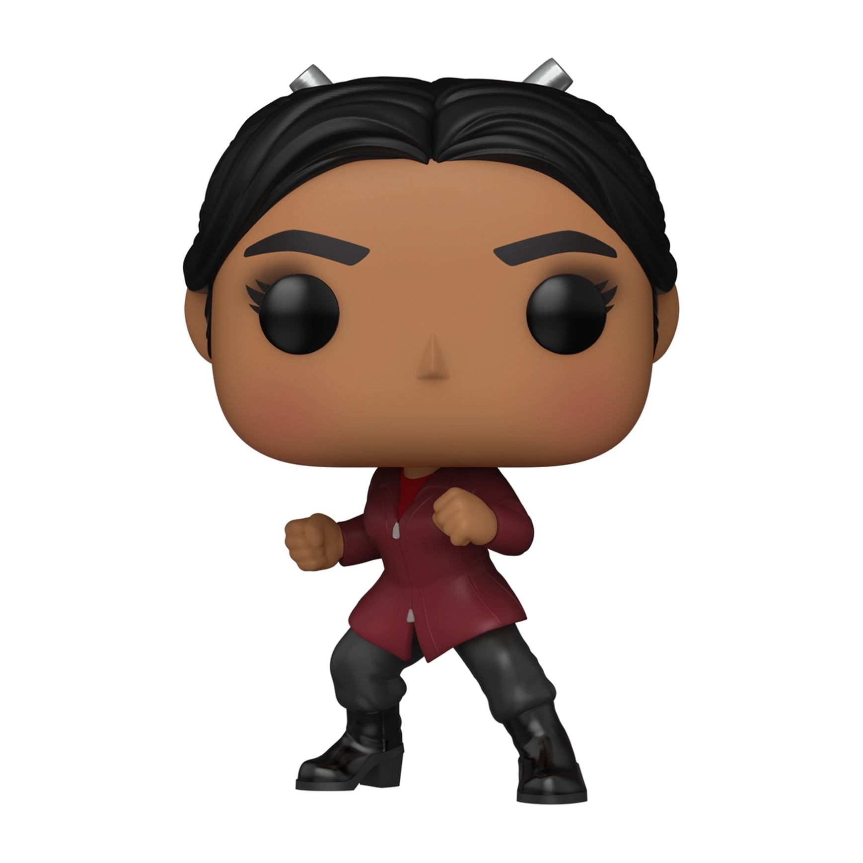 Figura Funko Pop de mujer con abrigo rojo, puños cerrados. Cabello negro.