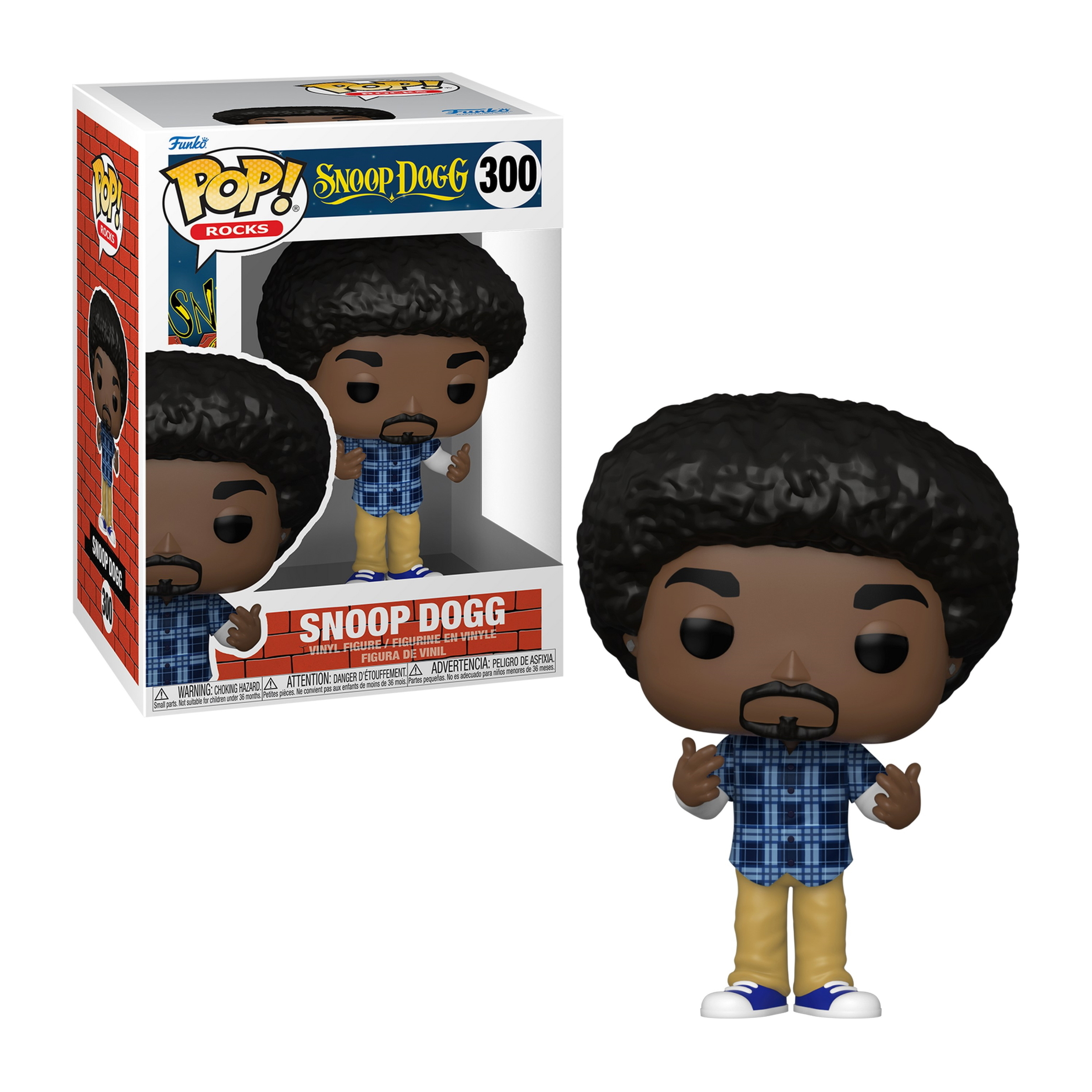 Snoop Dogg Funko Pop Figur in Verpackung. Er trägt ein blaues kariertes Hemd.