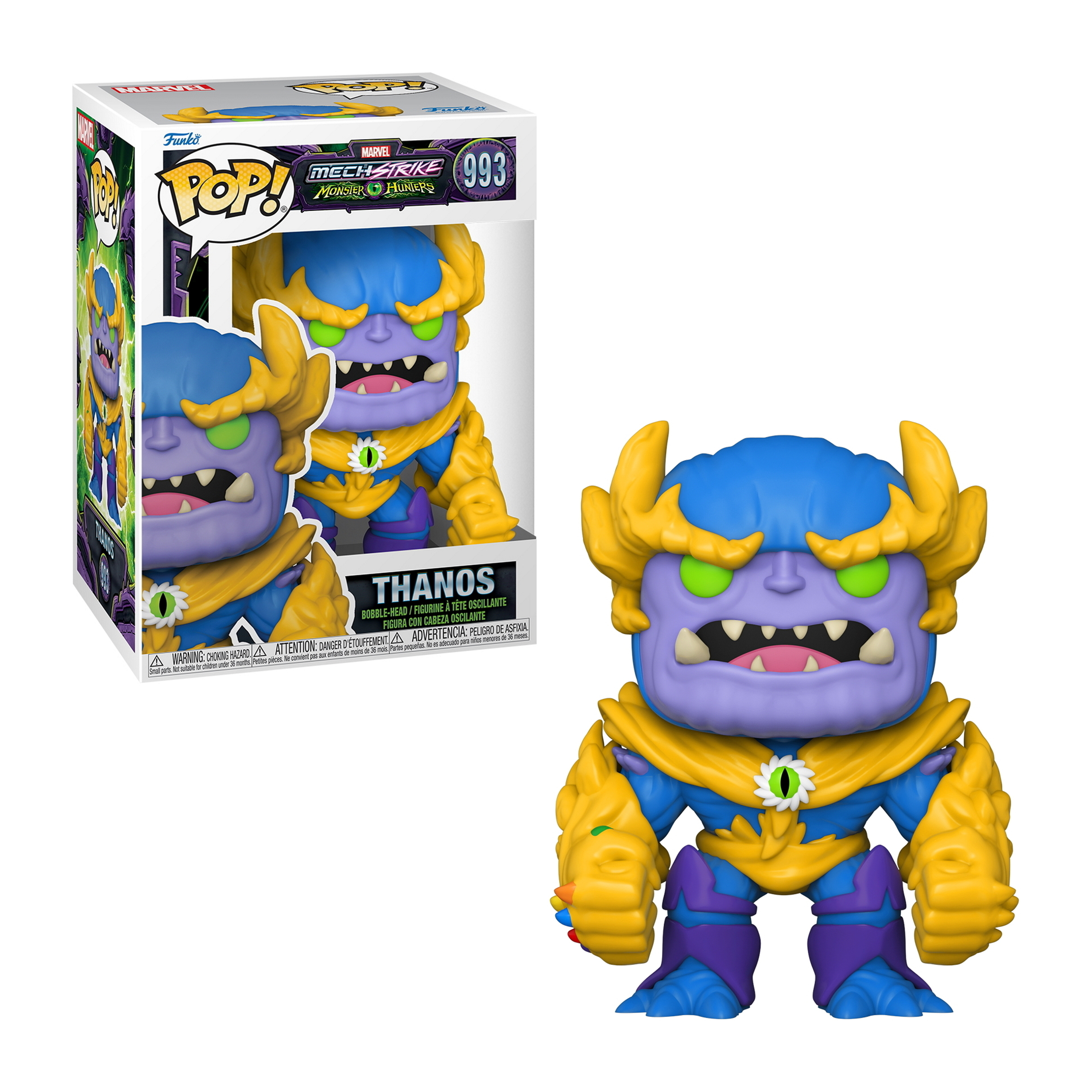 Funko Pop! di Thanos della serie Marvel Mech Strike. È viola e blu.
