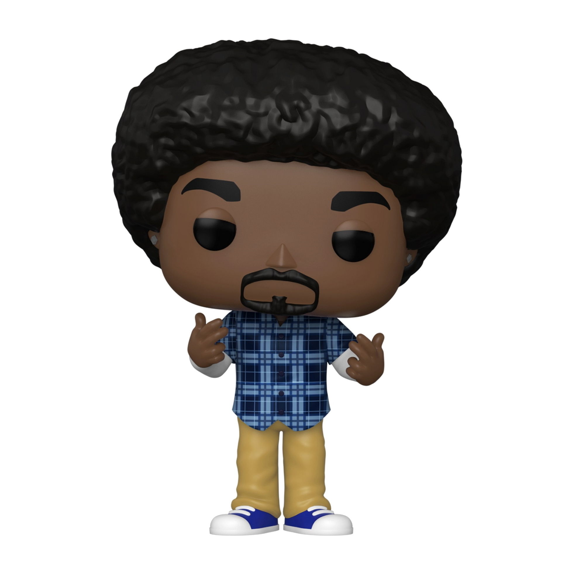 Funko Pop Figur eines schwarzen Mannes mit Afro, blauem Karomusterhemd und gelber Hose, Hände hoch.