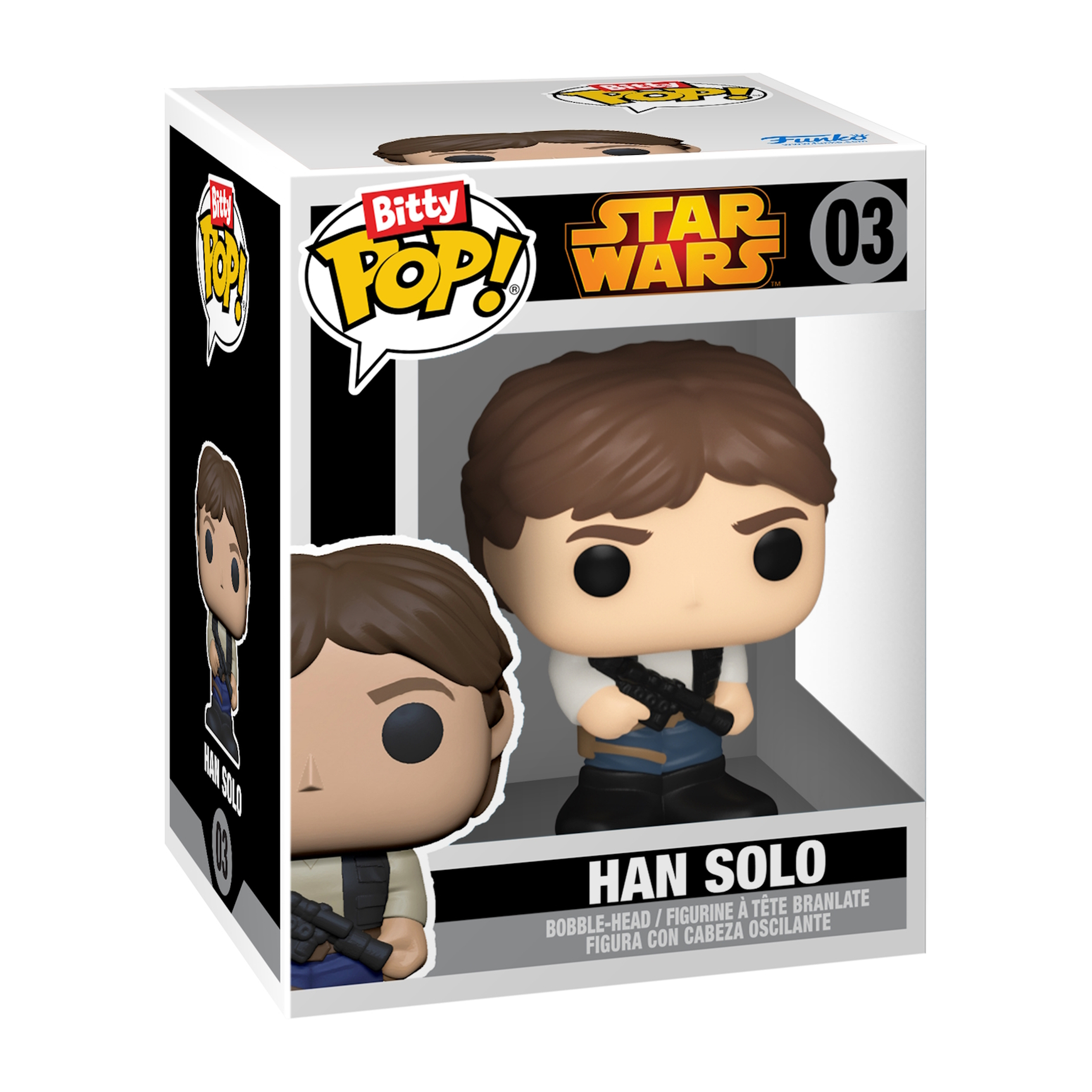 Caja Funko Pop Han Solo. Una figura en caja de Han Solo. Fondo blanco.