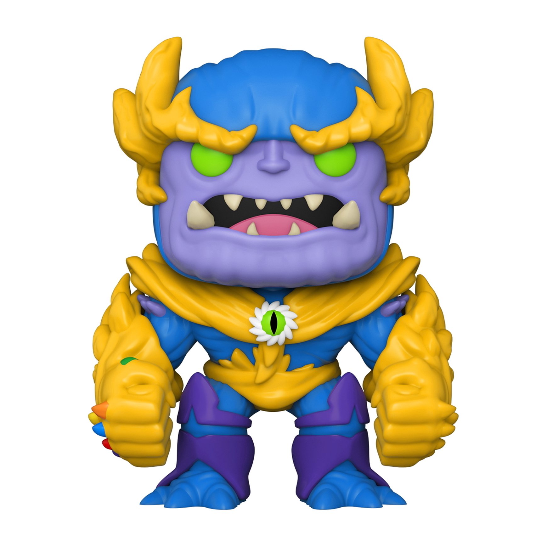 Una figura Funko Pop di Thanos interdimensionale, con testa blu e armatura dorata, su sfondo bianco.