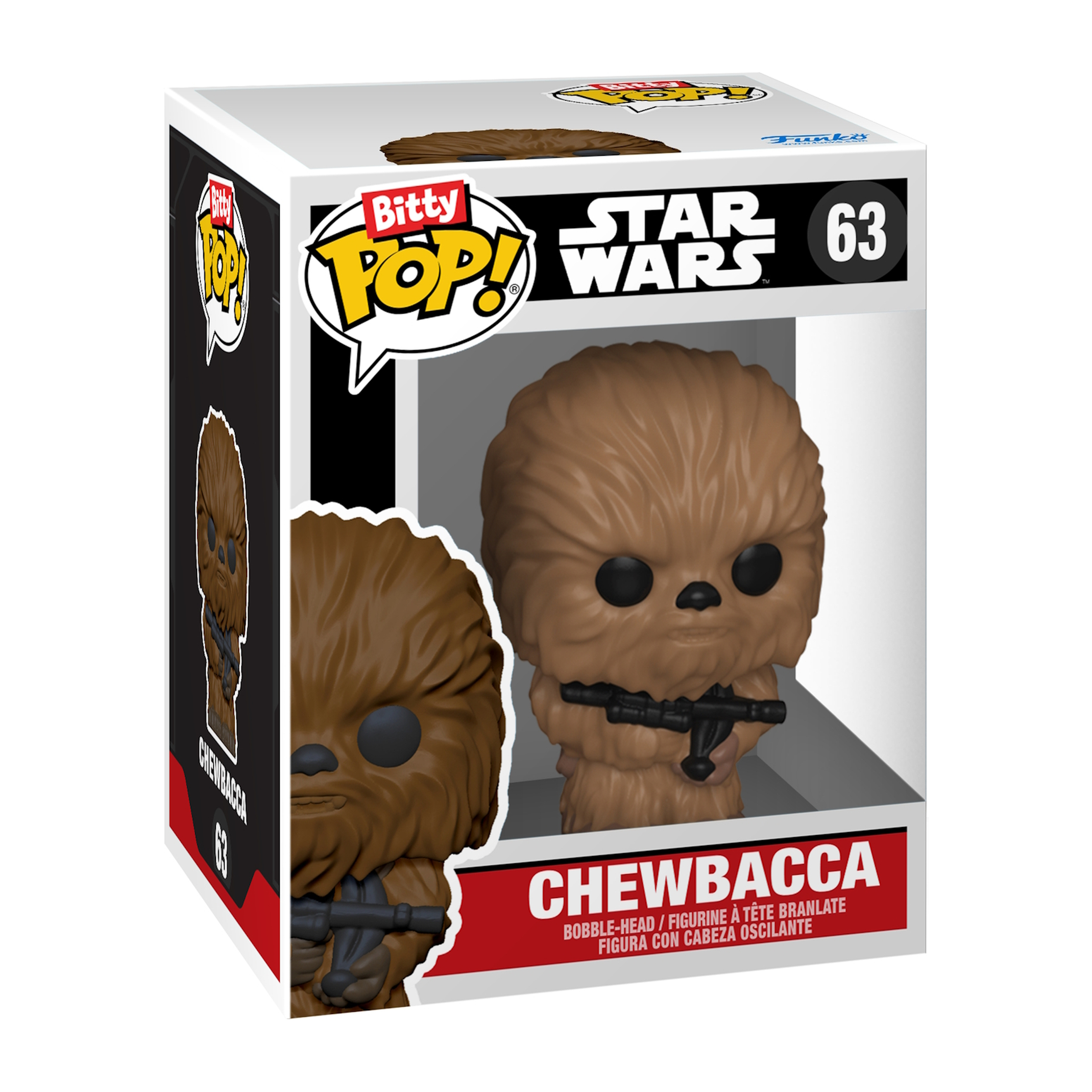 Caja Funko Pop de Chewbacca con figura visible, temática Star Wars, fondo blanco.
