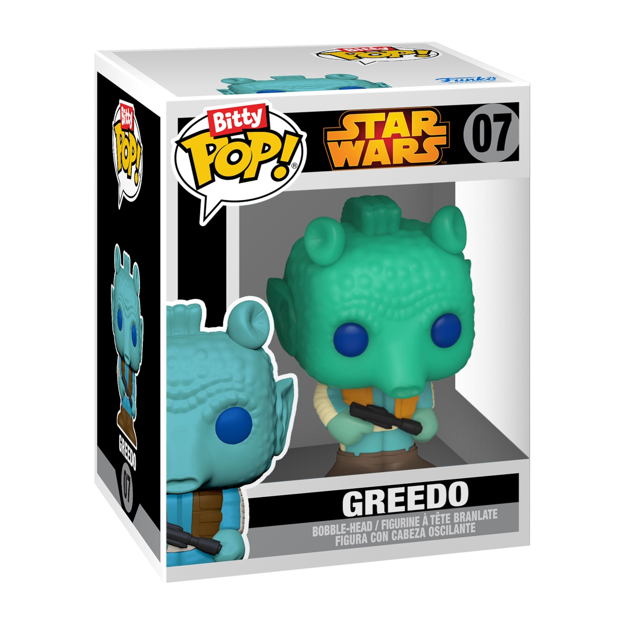Figura Greedo Bitty Pop! en su caja. La figura es verde y azul, con una pistola.