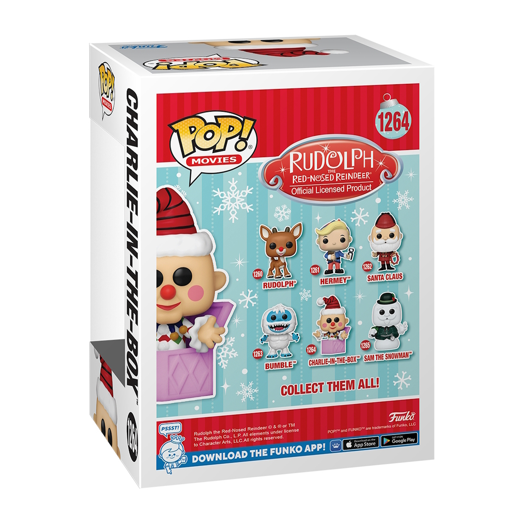 Scatola per una statuetta Funko Pop di Charlie-in-the-Box, con personaggi di Rudolph.