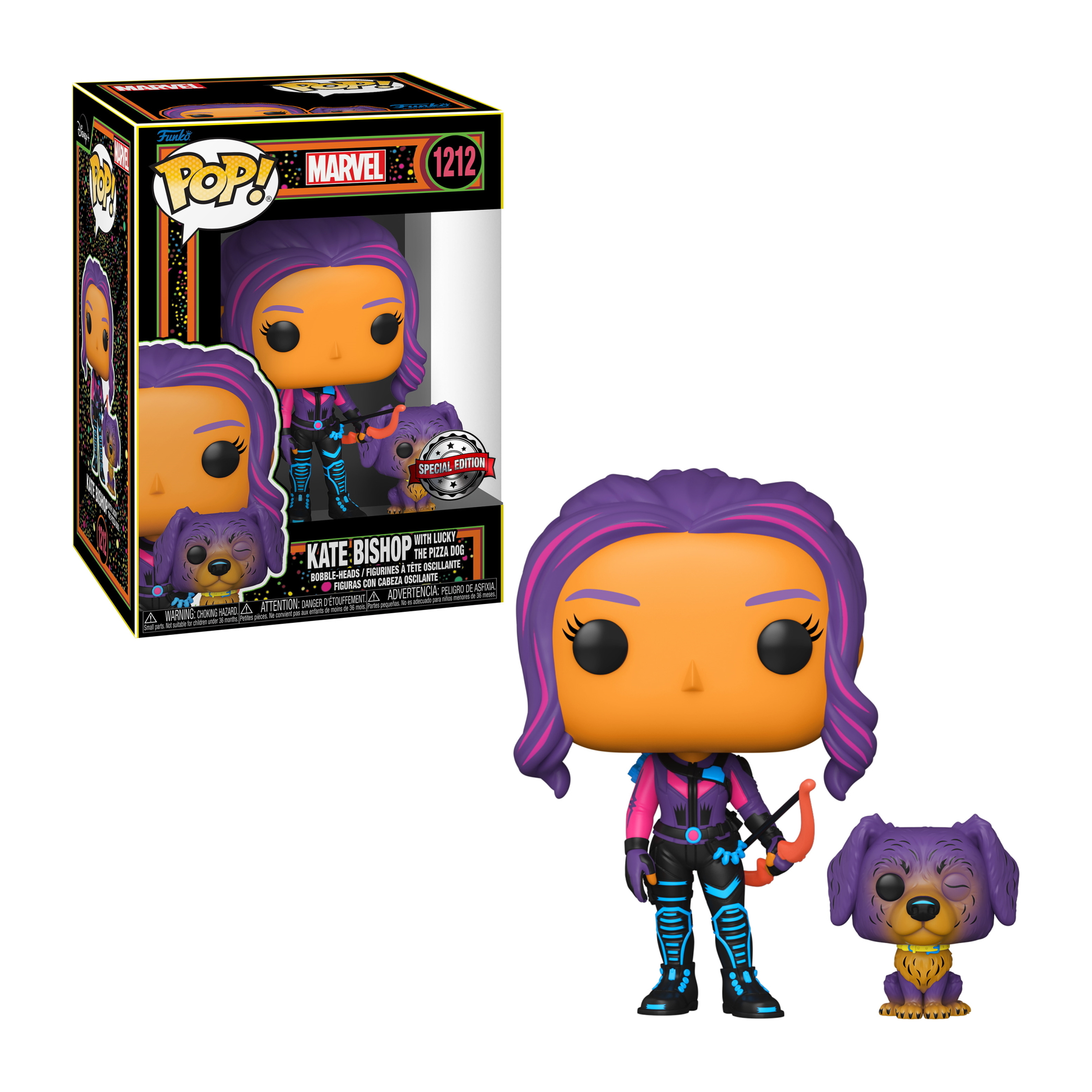 Figura di Kate Bishop Funko Pop con un cane. La figura è in una scatola.