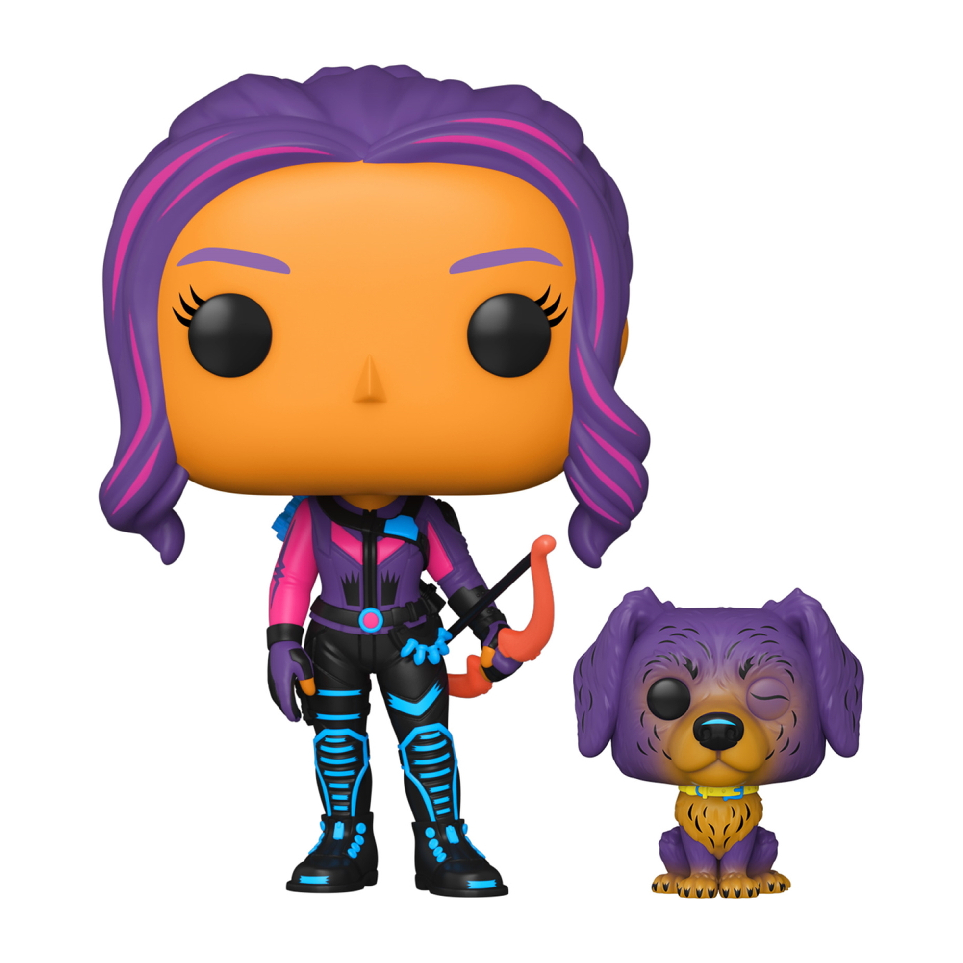 Figura Funko Pop di personaggio femminile con arco e cane. Pelle arancione, capelli viola.