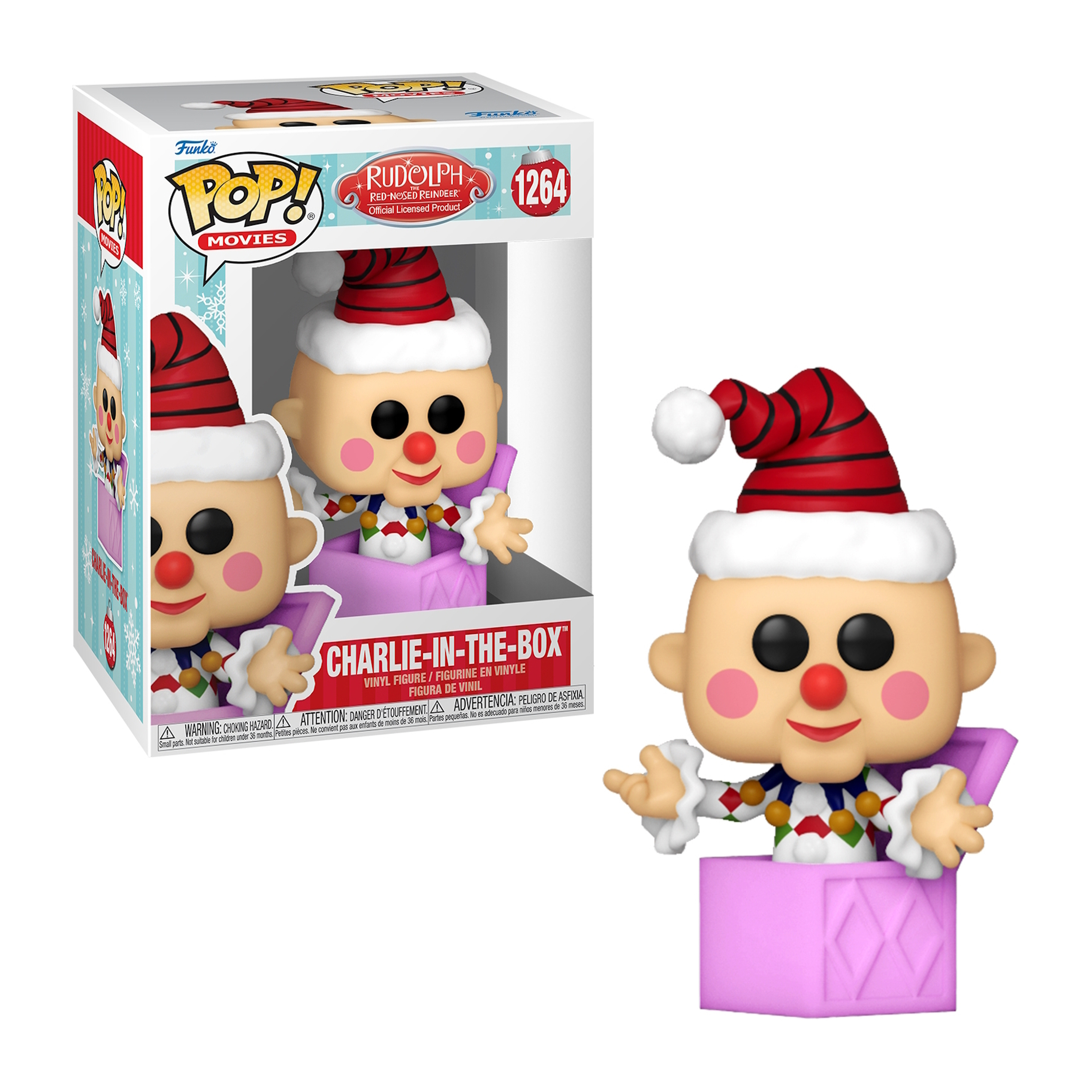 Funko Pop di un clown natalizio in una scatola. Il clown è in una scatola e anche davanti.