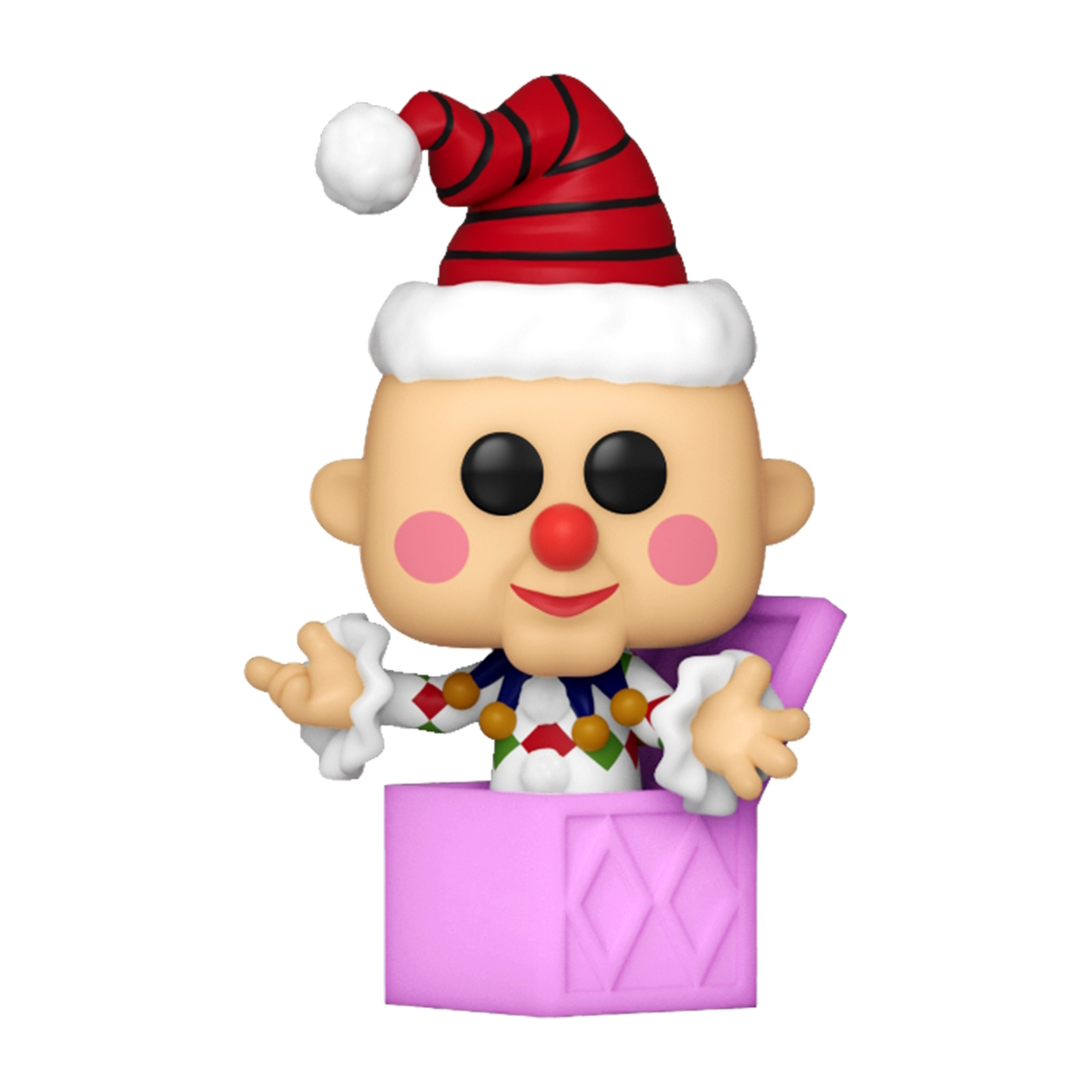 Personaggio Funko Pop di Jack-in-the-box. Il personaggio è un clown con naso e cappello rossi.