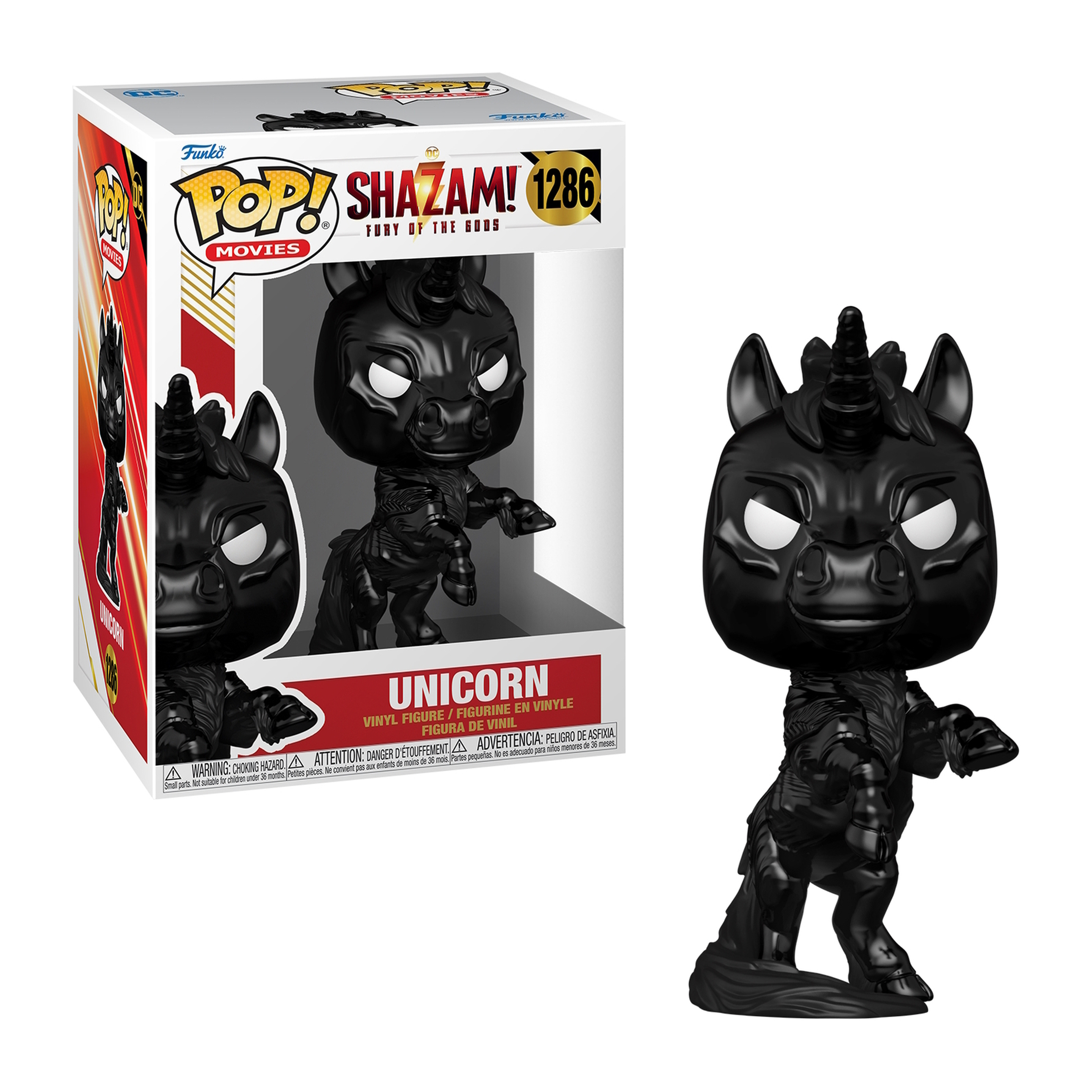 Figura de unicornio negro en una caja y la figura fuera de la caja. Fondo blanco. La figura es negra.